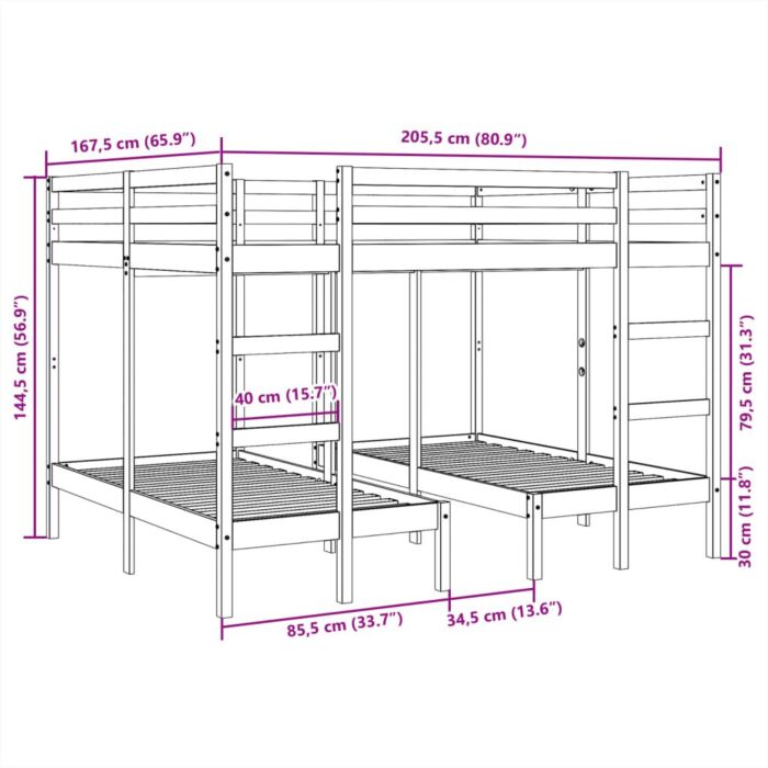 Vidaxl Triple Bunk Bed Frame 140x200/70x140 Cm Solid Wood Pine