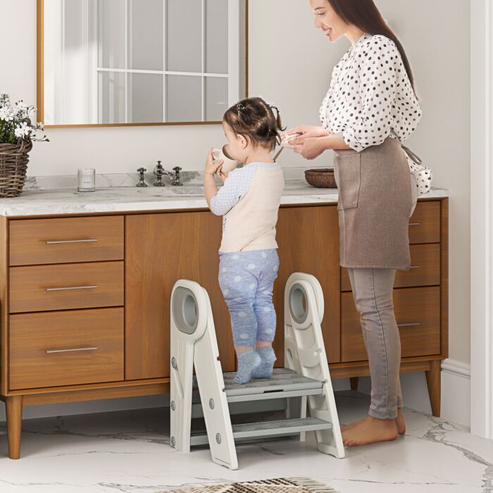 Aiyaplay Foldable & Adjustable Toddler Tower With Handle, Non-slip, Grey