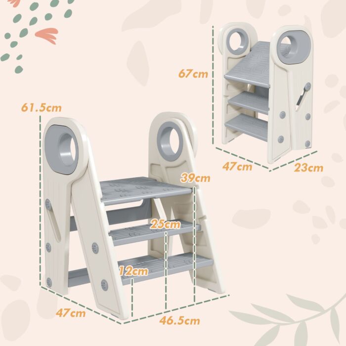 Aiyaplay Foldable & Adjustable Toddler Tower With Handle, Non-slip, Grey