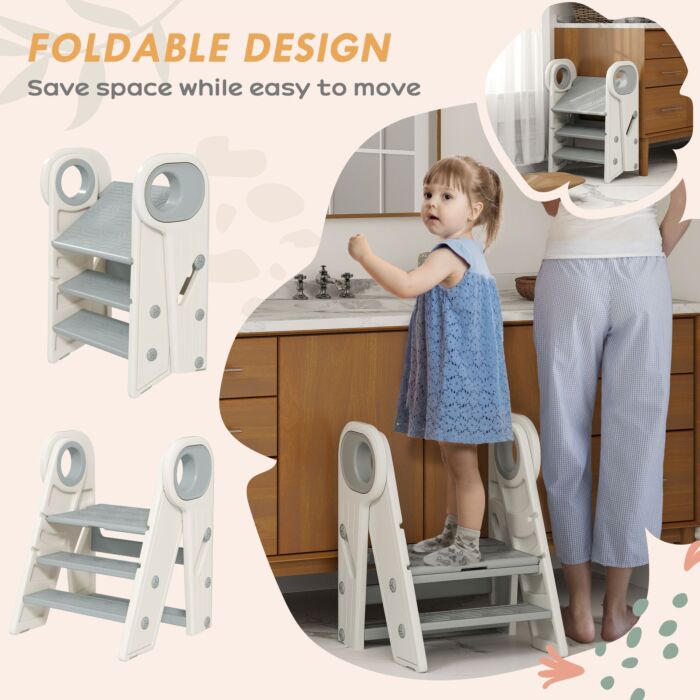 Aiyaplay Foldable & Adjustable Toddler Tower With Handle, Non-slip, Grey