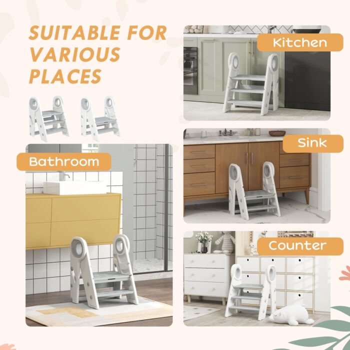 Aiyaplay Foldable & Adjustable Toddler Tower With Handle, Non-slip, Grey