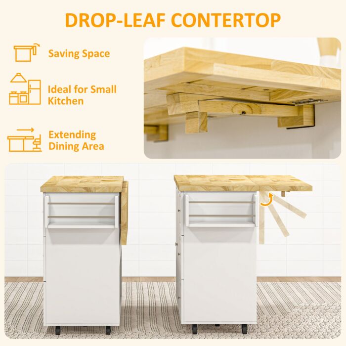 Homcom Drop-leaf Kitchen Island On Wheels Utility Storage Cart With Drawers & Cabinet For Kitchen, Dining &