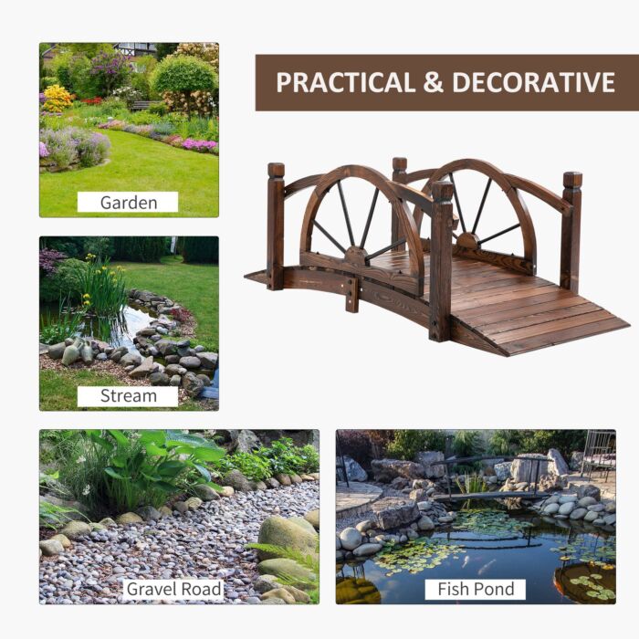 Outsunny Wooden Garden Bridge Decorative Arc Footbridge With Safety Guardrail Outdoor Lawn Pond Bridge Walkway Stained Wood