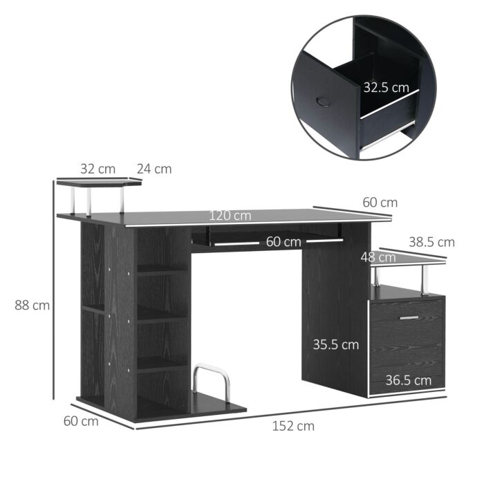 Homcom Computer Desk Pc Workstation With Drawer Shelves Cpu Storage Rack Home Office Furniture (black)