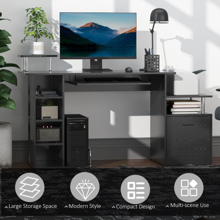Homcom Computer Desk Pc Workstation With Drawer Shelves Cpu Storage Rack Home Office Furniture (black)