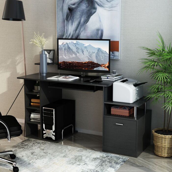 Homcom Computer Desk Pc Workstation With Drawer Shelves Cpu Storage Rack Home Office Furniture (black)