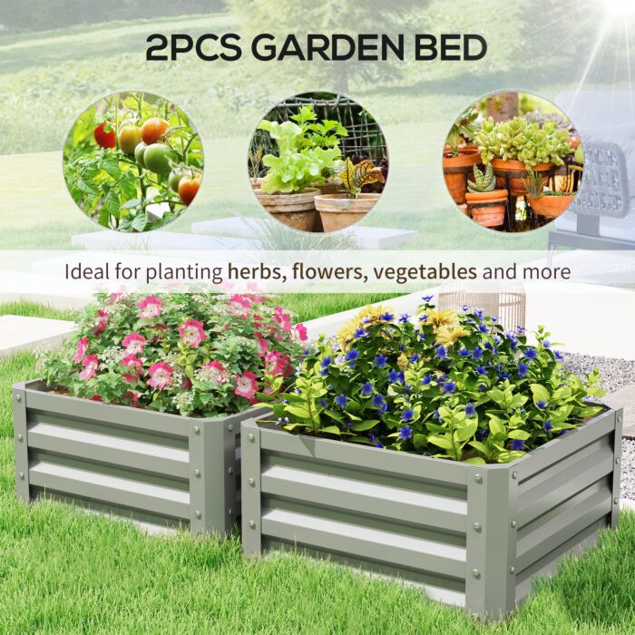 Outsunny Set Of Two 60 X 60cm Steel Planter Boxes - Light Grey