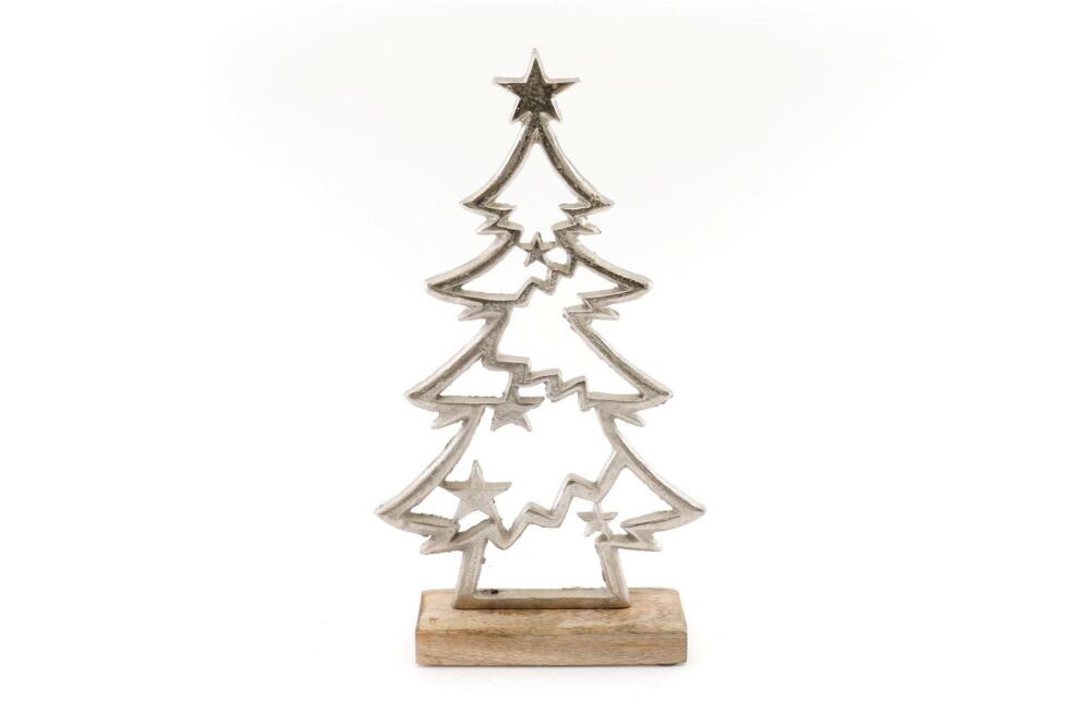 Silver Christmas Tree & Stars On A Wooden Base