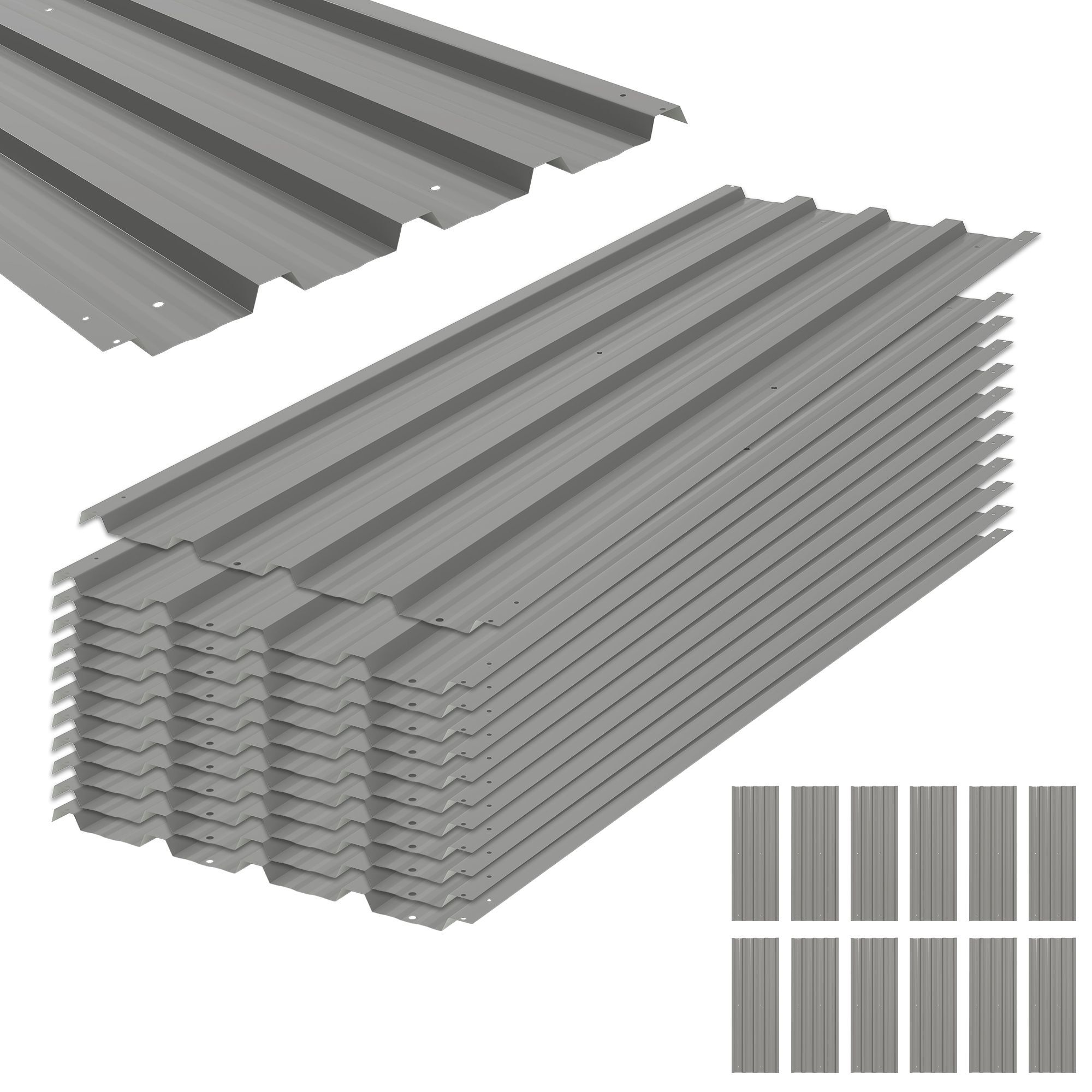 Outsunny Set Of 12 Corrugated Steel Roof Sheet Panels - Light Grey