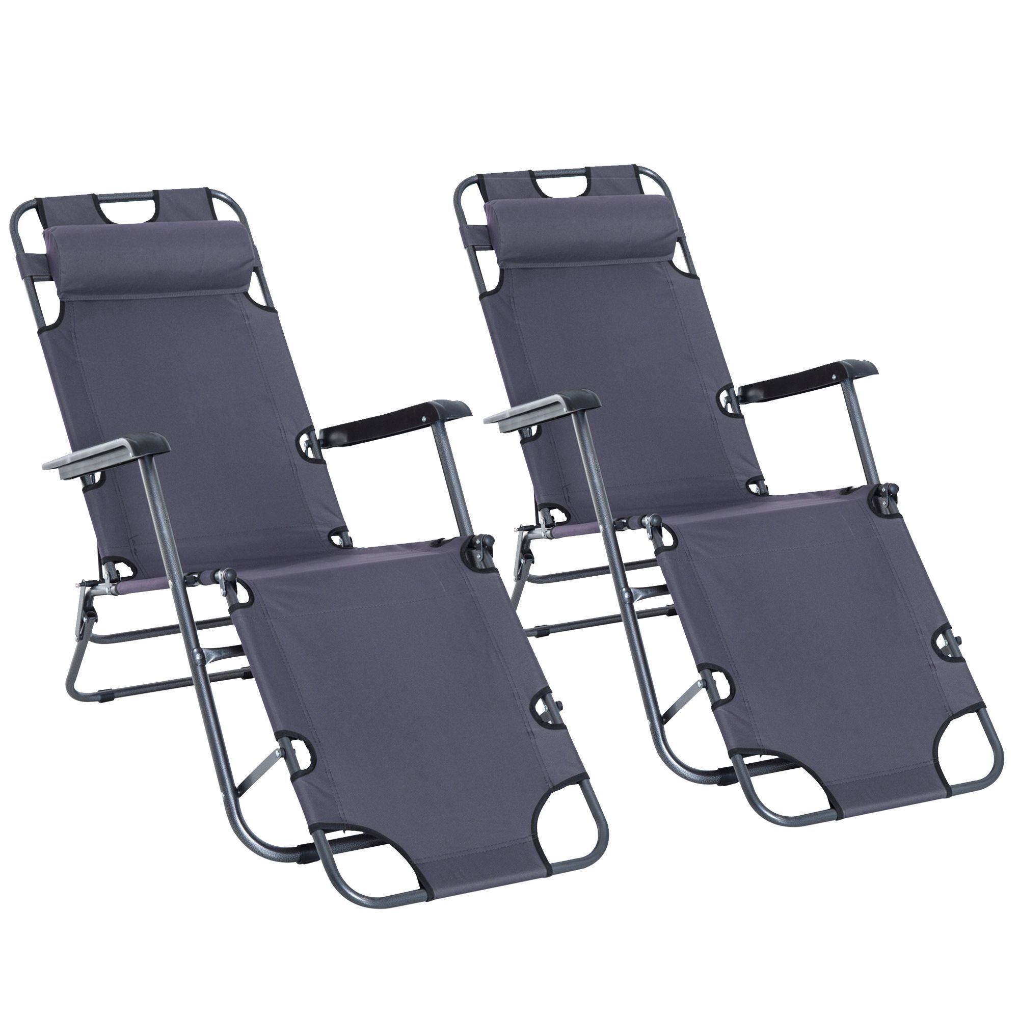 Outsunny 2 Pieces Foldable Sun Loungers With Adjustable Back, Outdoor Reclining Garden Chairs With Pillow And Armrests, Grey