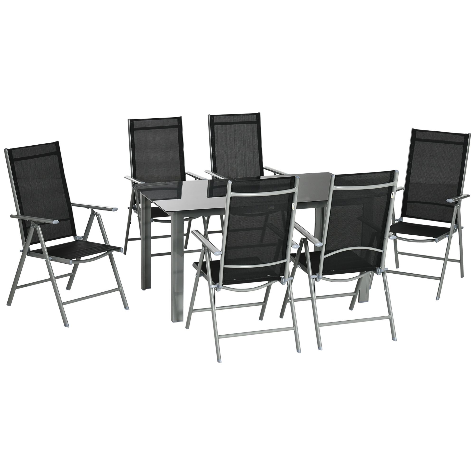 Outsunny 7 Piece Garden Dining Set, Outdoor Table And 6 Folding And Reclining Chairs, Aluminium Frame, Tempered Glass Top Table Texteline Seats Black