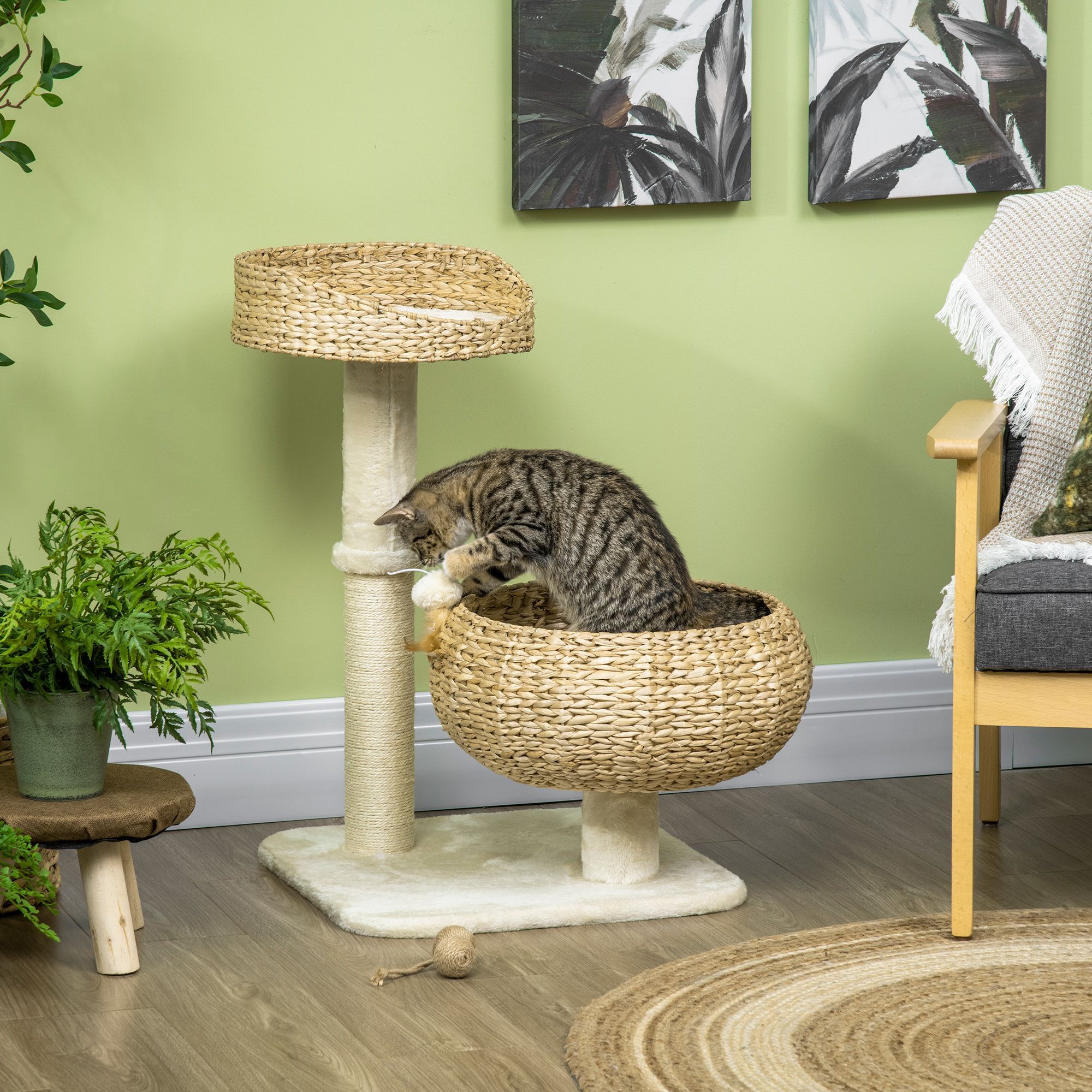Pawhut 72cm Cat Tree, Kitty Activity Center, Cat Climbing Toy, Cat Tower With 2 Cattail Beds Ball Toy Sisal Scratching Post, Beige