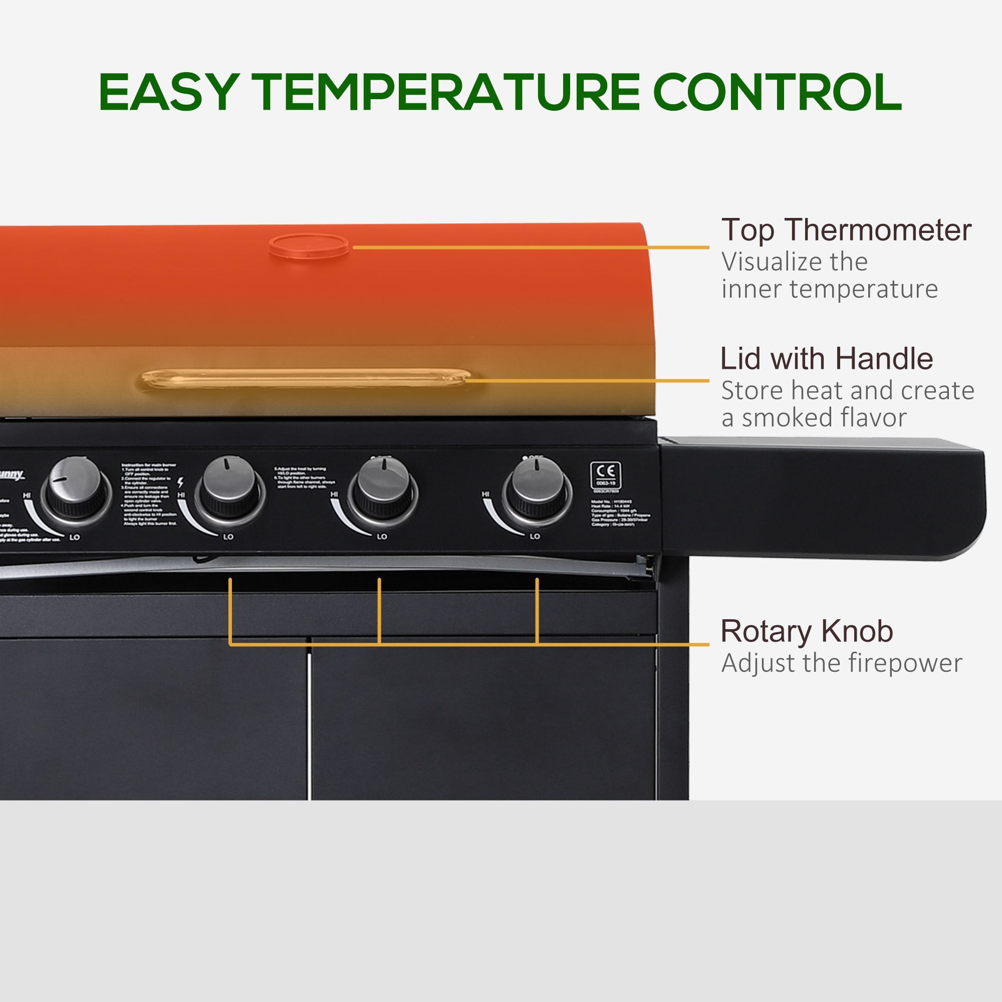Outsunny 4+1 Gas Burner Grill Bbq Trolley Backyard Garden Smoker Side Burner Barbecue W/ Storage Side Table Wheels