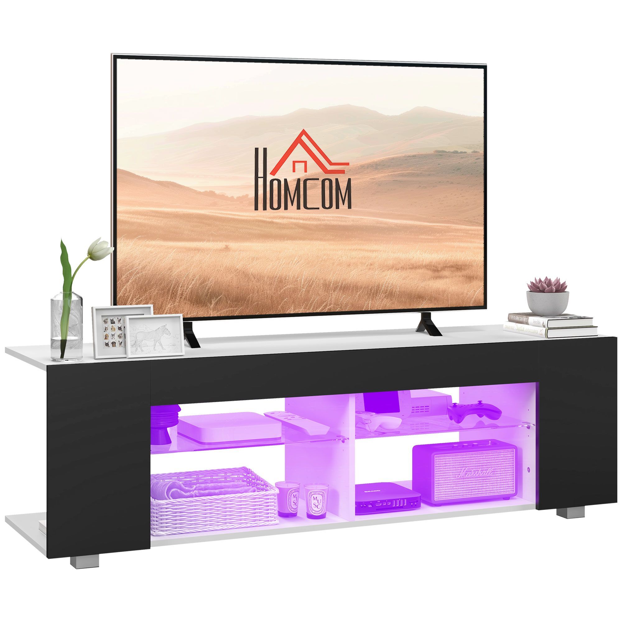 Homcom Tv Stand, 145cm Modern Tv Unit With Glass Shelves, Rgb Led Light For 32 40 43 50 52 55 60 Inch 4k Tv, Black