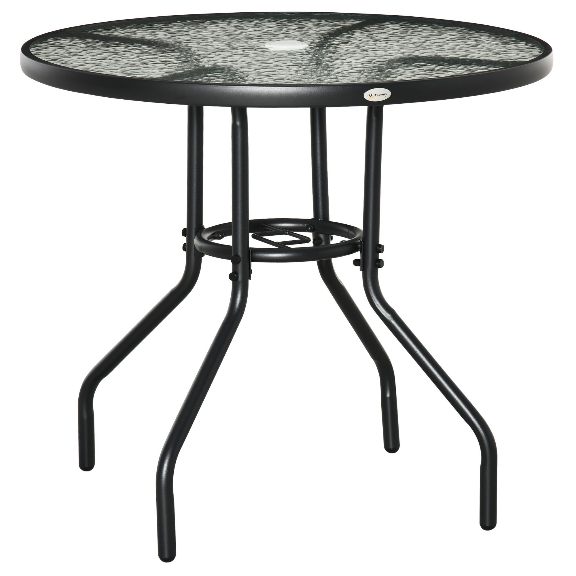 Outsunny Outdoor Round Dining Table Tempered Glass Top Steel Garden Table W/ Parasol Hole 80cm