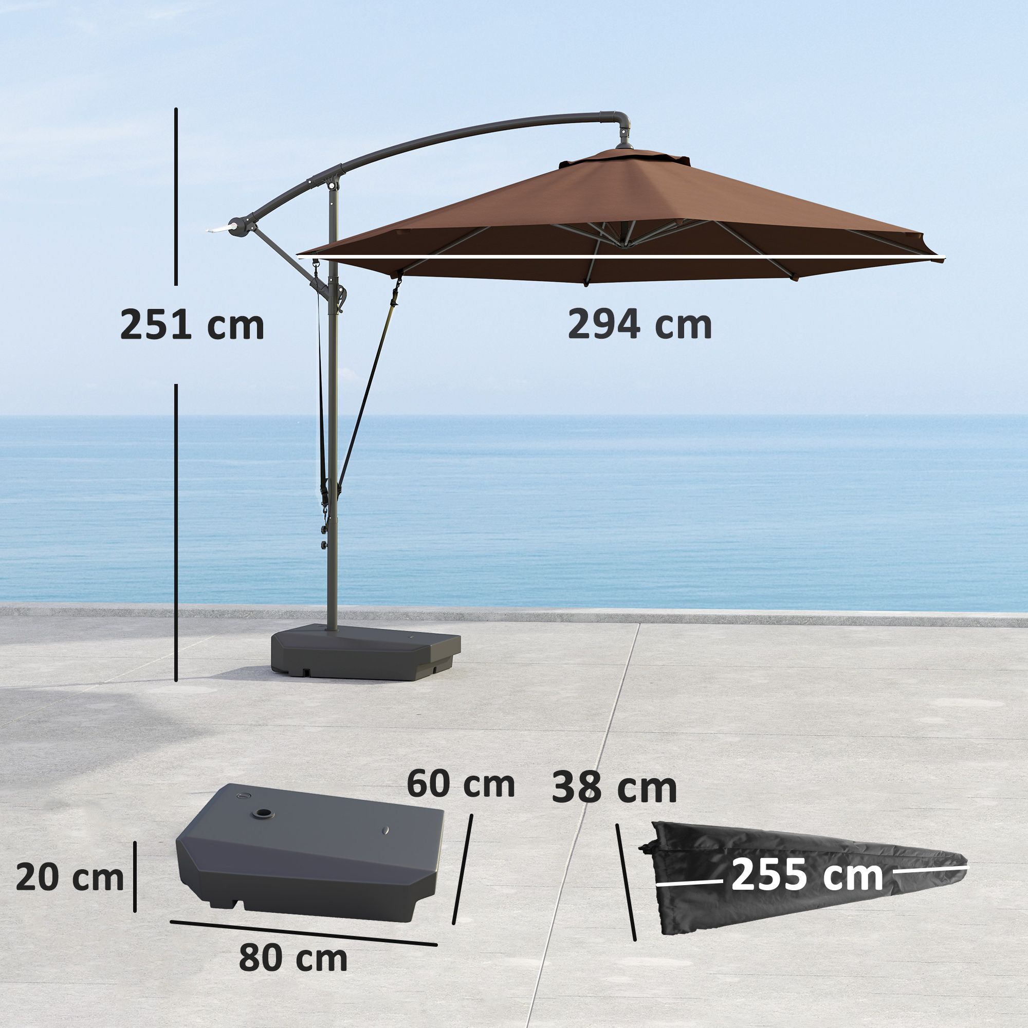 Outsunny 3(m) Garden Cantilever Parasol With Fillable Base, Wind Protection Strap, Cover, Round Banana Hanging Umbrella With Crank Handle And Tilt, Patio Umbrella For Outdoor Sun Shade, Upf50+, Brown