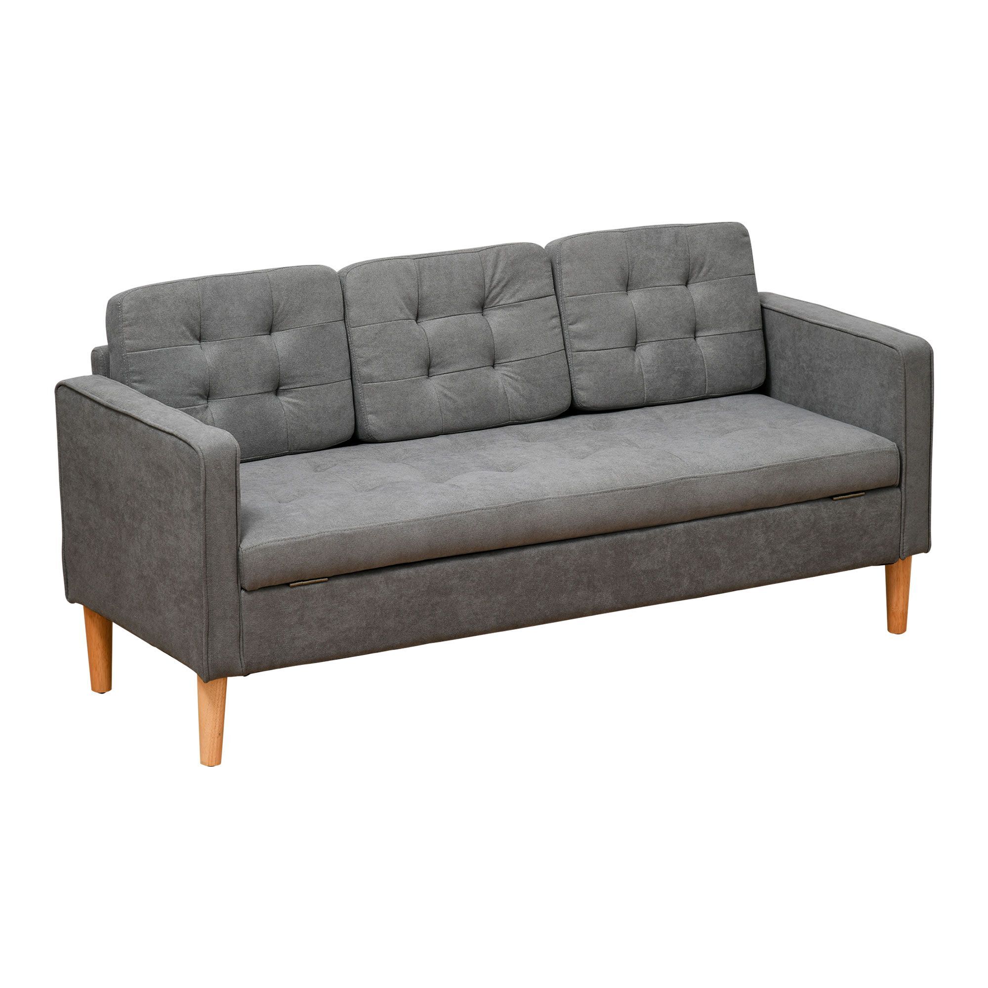 Homcom Modern 3-seater Sofa Button-tufted Fabric Couch With Hidden Storage Rubberwood Legs, Grey