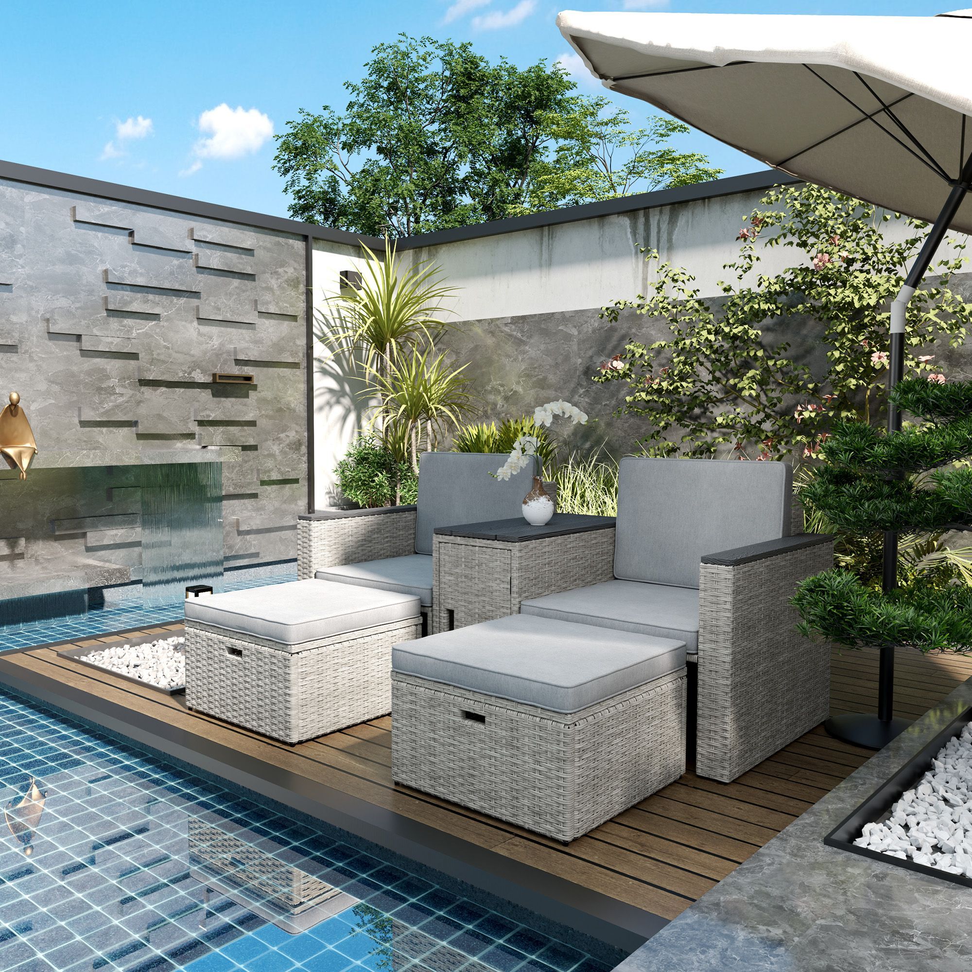 Outsunny 5 Piece Rattan Garden Furniture Set, Nesting Outdoor Furniture Conversation Set With 2 Footstools, Wpc Storage Coffee Table And Cushions, Wicker Garden Sofa For Conservatory, Terrace, Grey