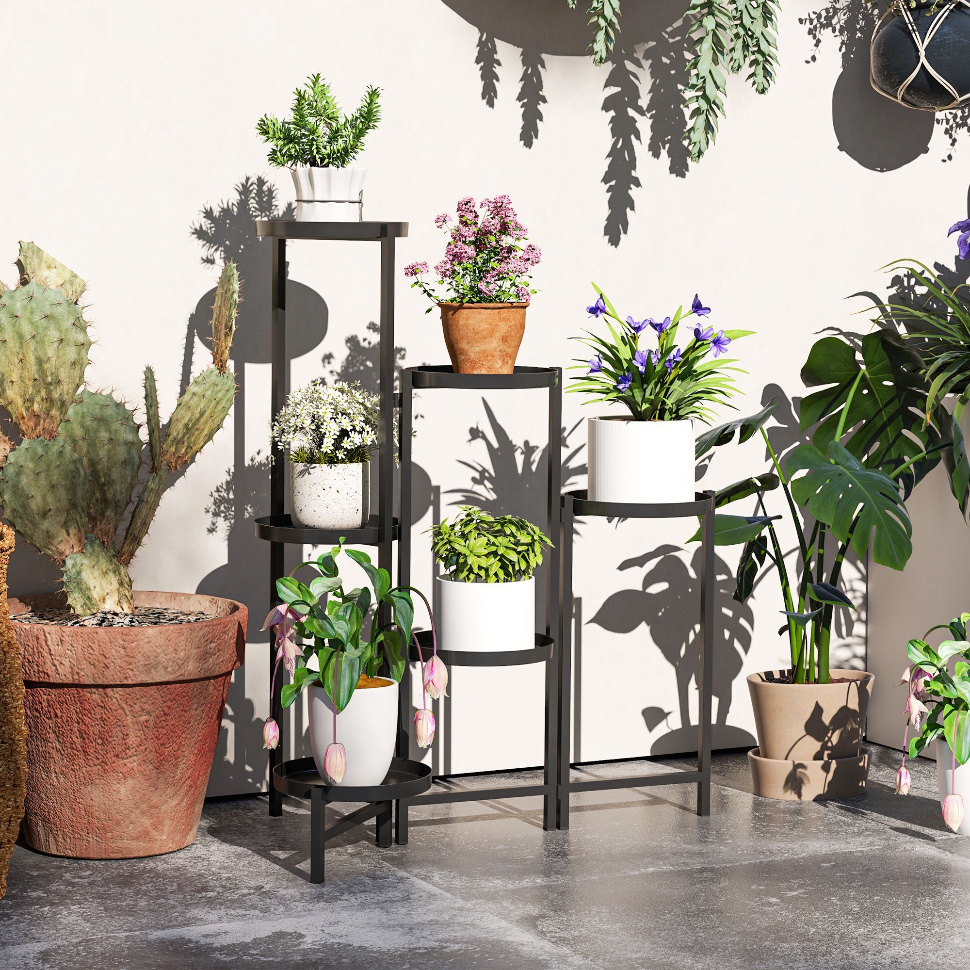Outsunny 3 Tier Plant Stand Indoor Outdoor, Foldable Corner Plant Stands For Multiple Plants, Metal Round Flower Pot Holder For Patio Garden Balcony Living Room, Black