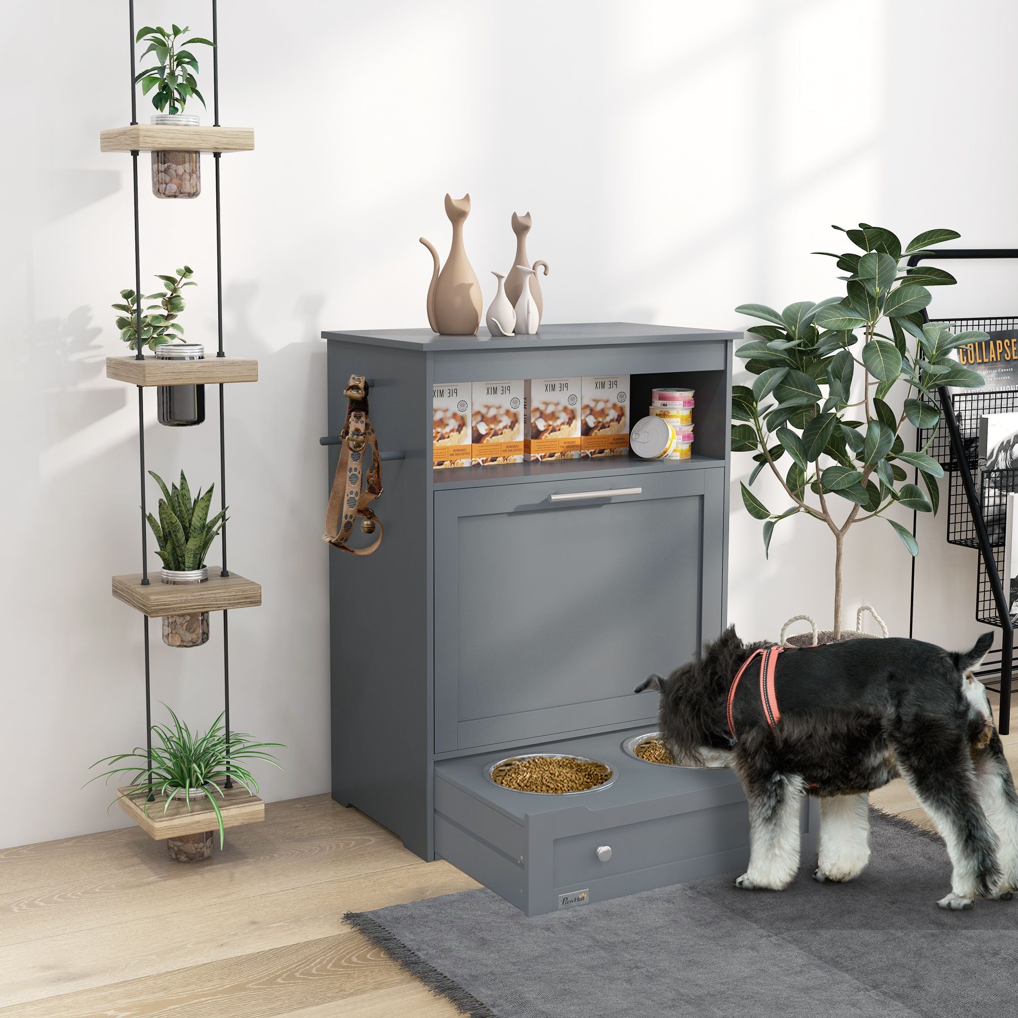 Pawhut Cat Feeding Station, Dog Food Storage Container With Dog Raised Bowls And Hanger For Feeding And Watering Supplies, Grey