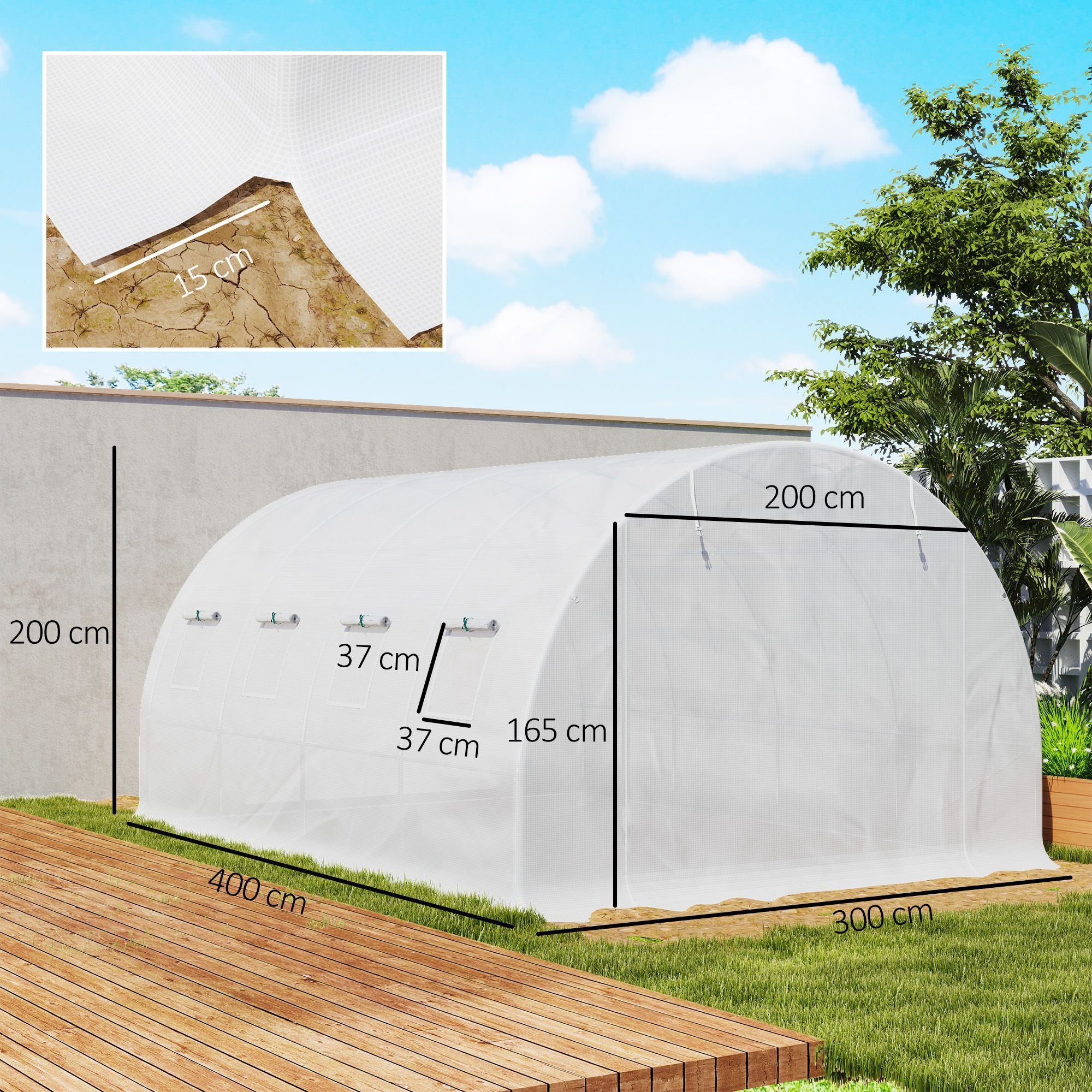 Outsunny 4 X 3 X 2m Greenhouse Replacement Cover Only Winter Garden Plant Pe Cover For Tunnel Walk-in Greenhouse With Roll-up Windows Door Outdoor, White