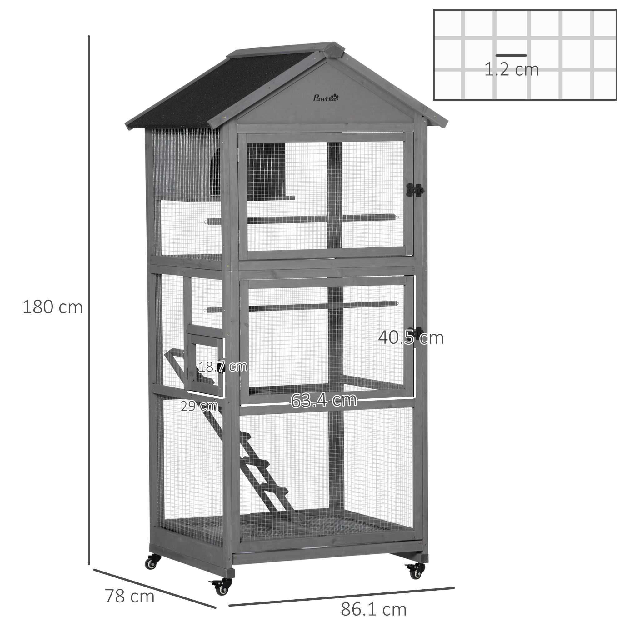 Pawhut Bird Cage Mobile Wooden Aviary House For Canary Cockatiel Parrot With Wheel Perch Nest Ladder Slide-out Tray 86 X 78 X 180cm Dark Grey