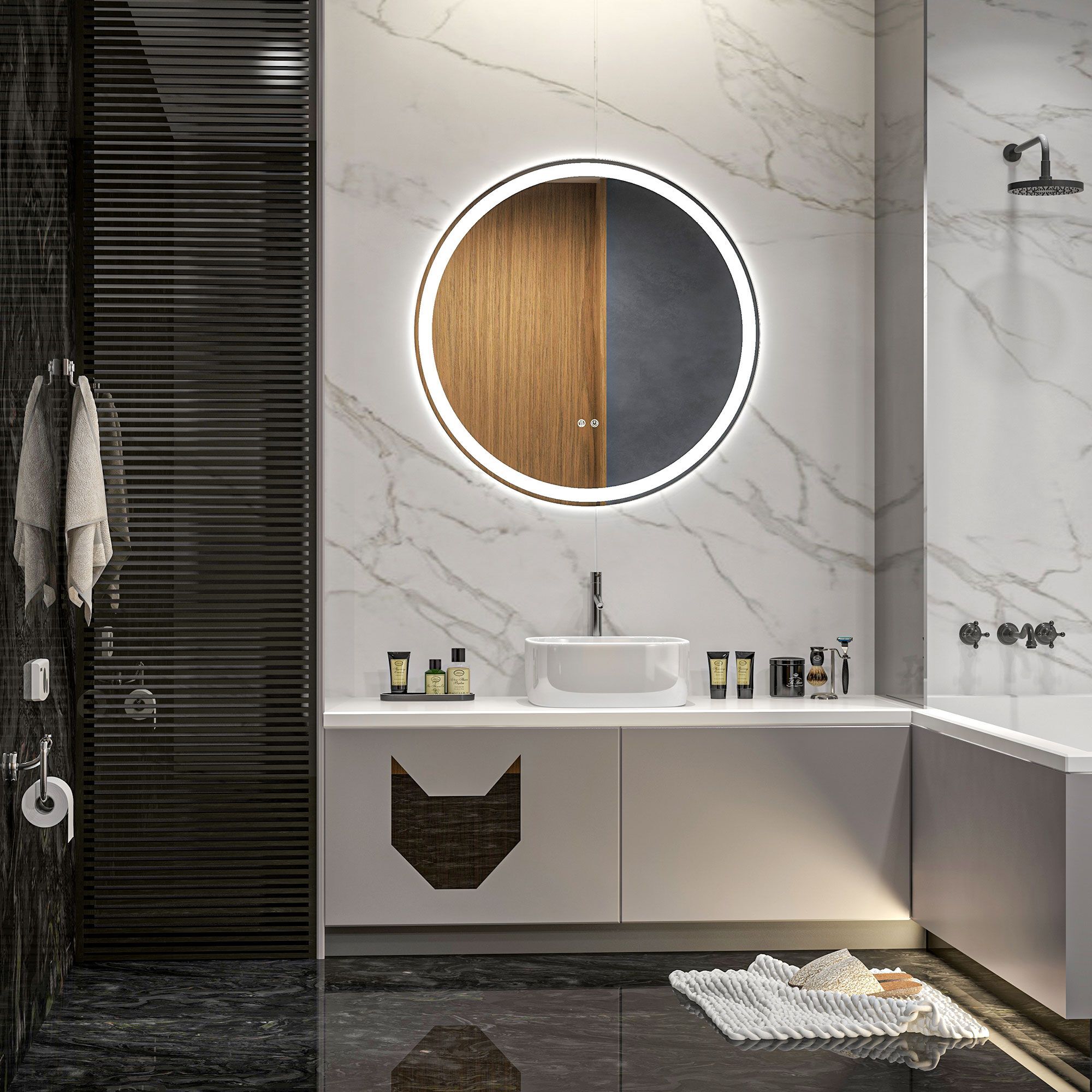 Kleankin Round Bathroom Mirror With Led Lights, 3 Temperature Colours, Defogging Film, Aluminium Frame, Hardwired, 70 X 70 Cm