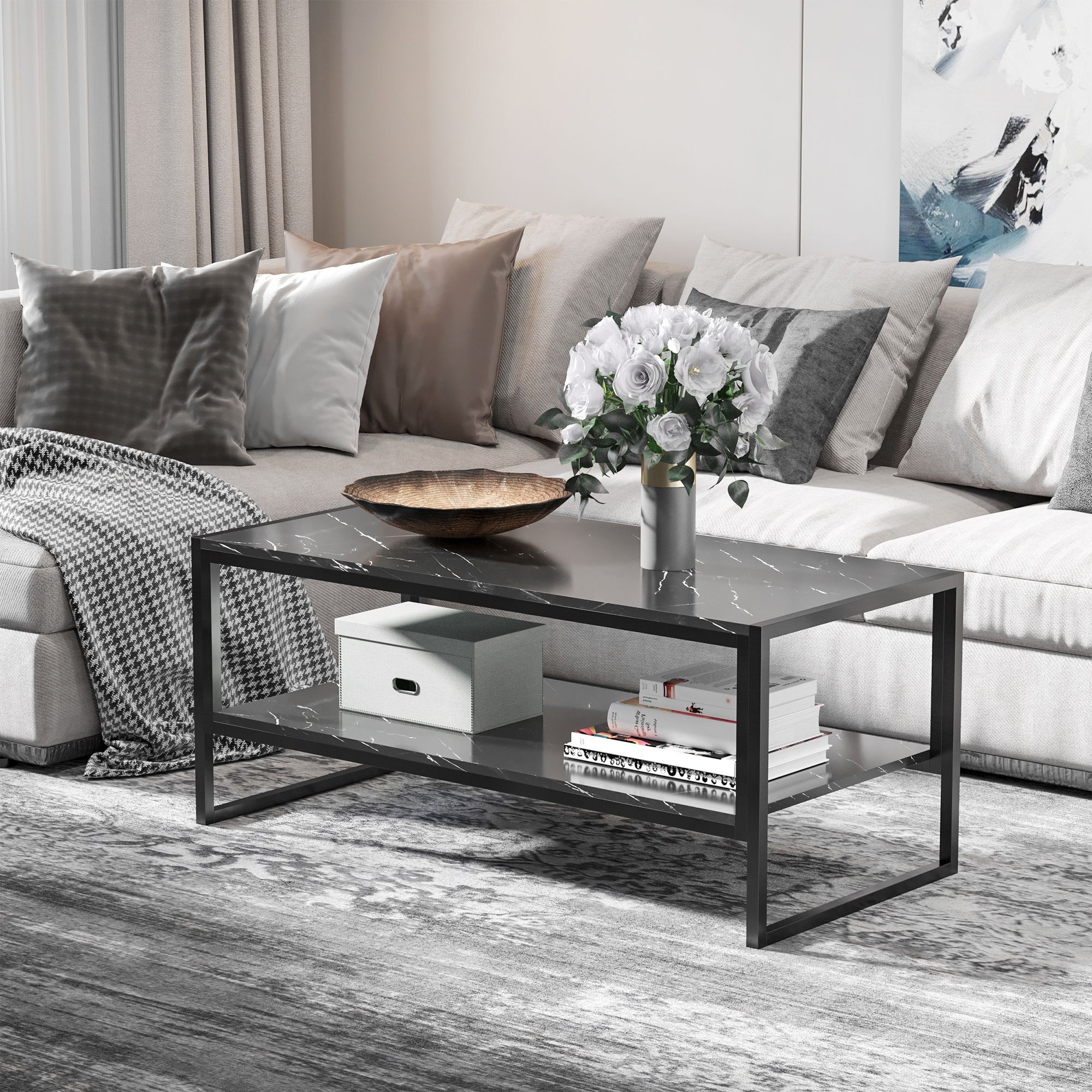 Homcom Two-tier Laminate Marble Print Table Top Coffee Table W/ Metal Frame Foot Pads Elegant Modern Style 2 Shelves Home Display Storage Unit Black