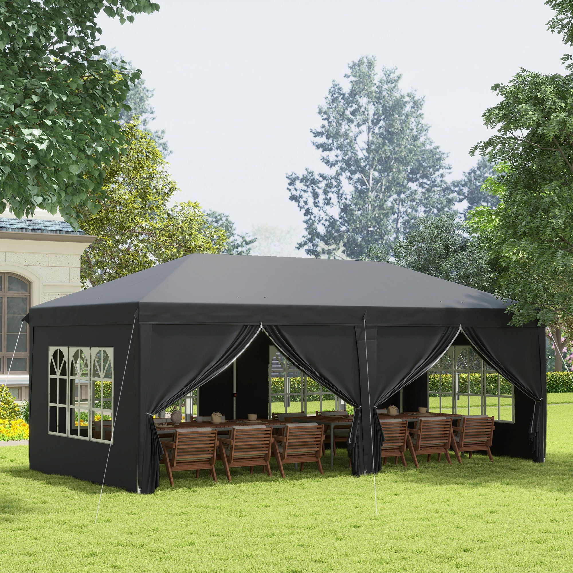 Outsunny 3 X 6 M Pop Up Gazebo With Sides And Windows, Height Adjustable Party Tent With Storage Bag, Event, Black