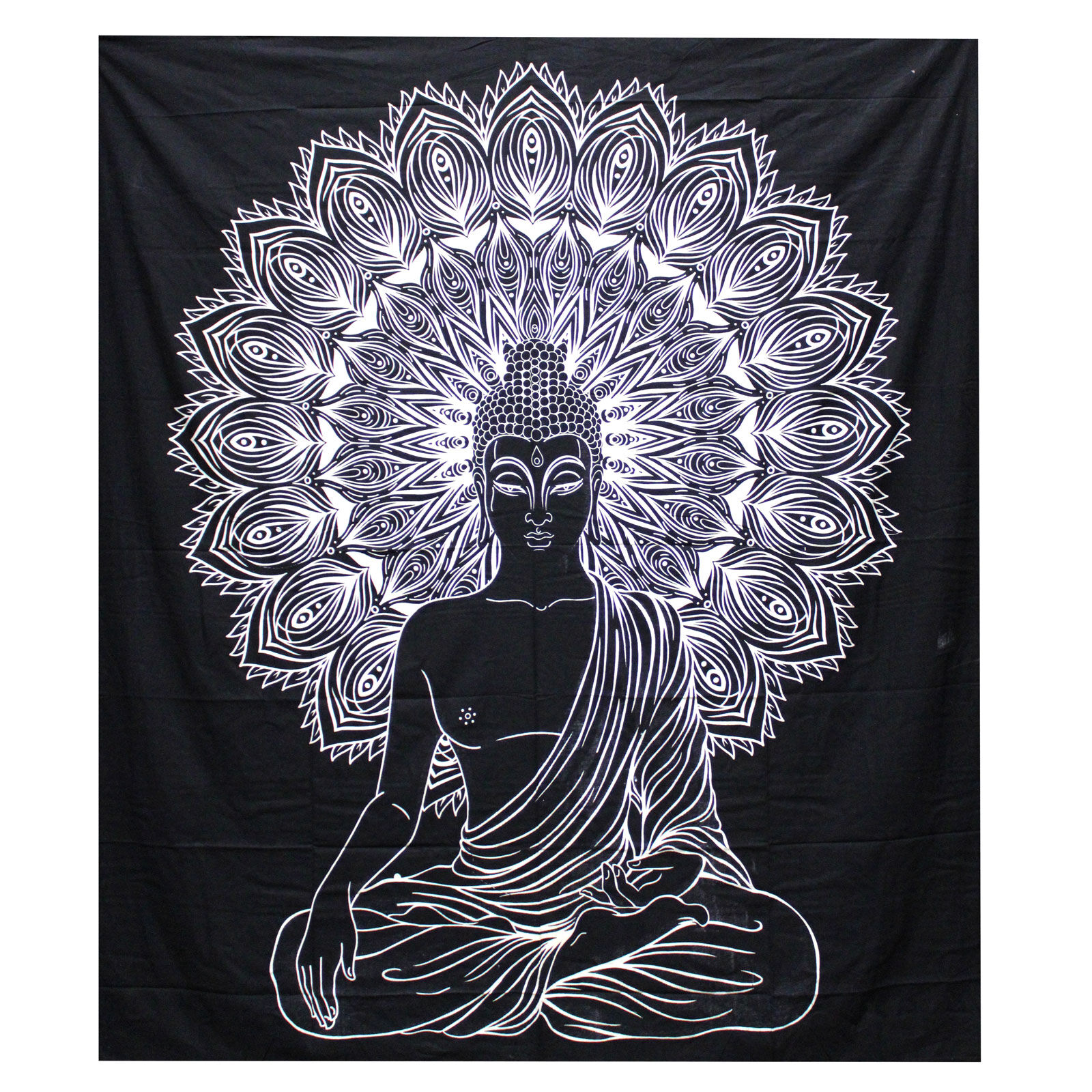 B&w Double Cotton Bedspread + Wall Hanging - Buddha