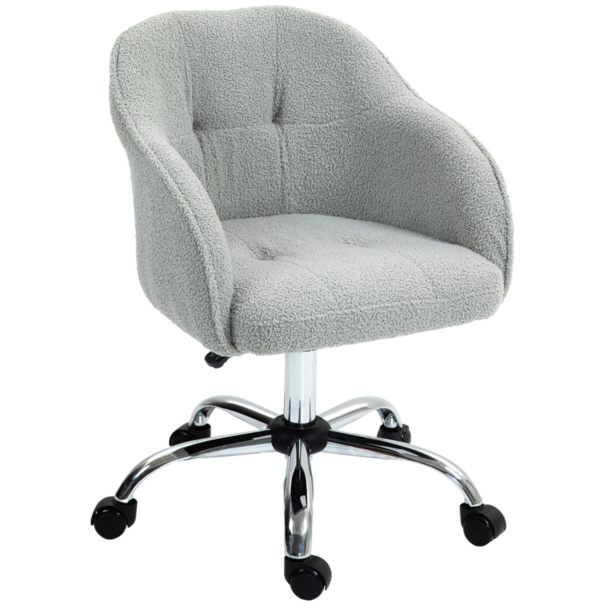 Homcom Computer Desk Chair, Fluffy Fabric Swivel Office Chair, Makeup Vanity Chair With Height Adjustable, Wheels, For Home Study Bedroom, Grey