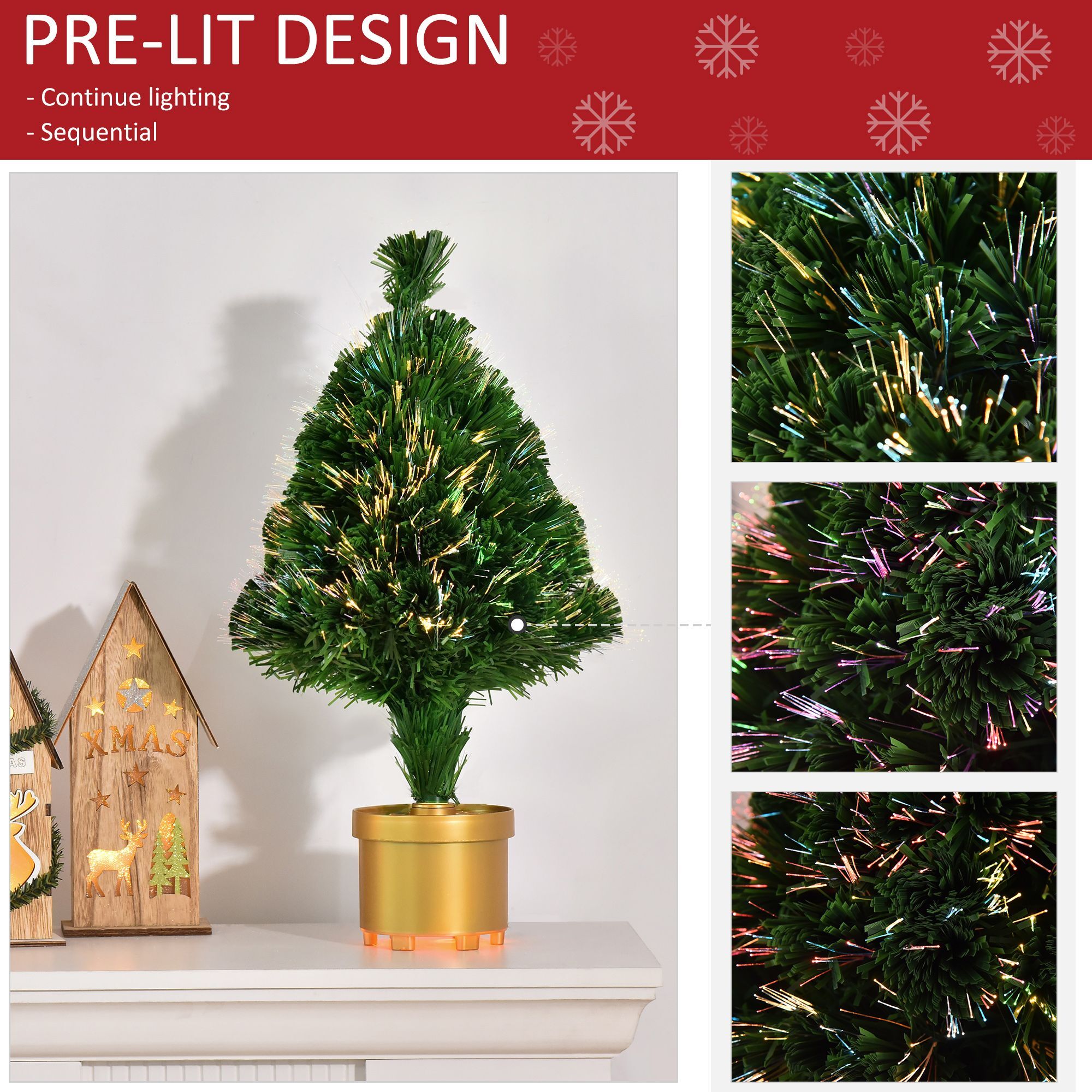 Homcom 2ft Prelit Artificial Christmas Tree Fiber Optic Led Light Holiday Home Xmas Decoration Table Decor With Multi-color Lights, Green
