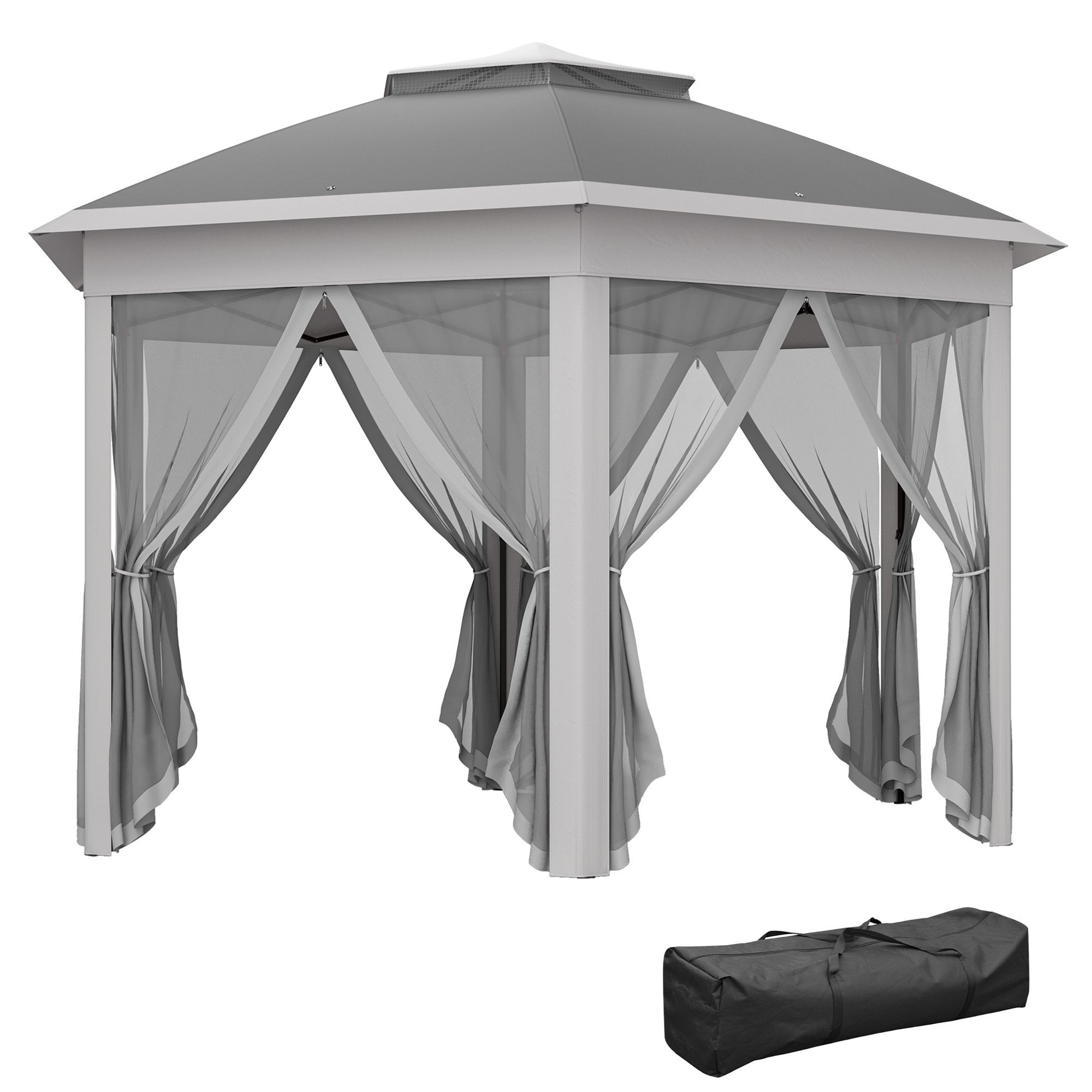 Outsunny 3 X 4m Garden Gazebo Hexagon Pop Up Party Tent Canopy Double Roof Instant Shelter With Netting And Carry Bag For Outdoor Patio, Dark Grey