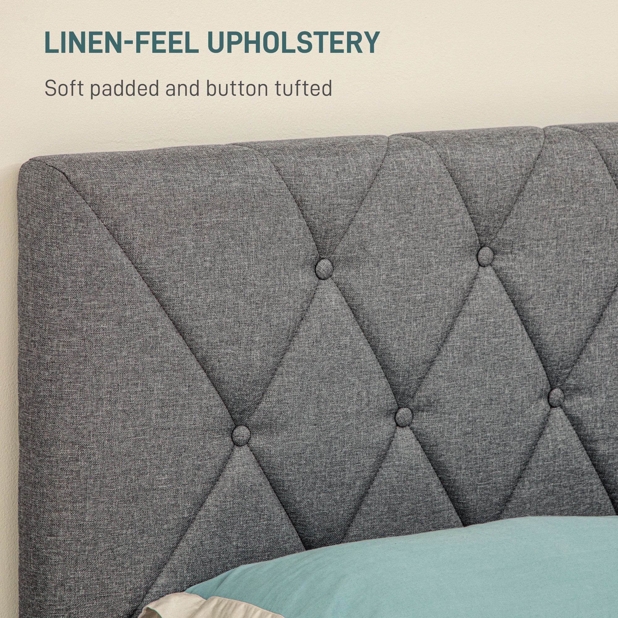 Homcom Double Bed Frame With 5-level Adjustable Linen Upholstered Headboard, Wooden Slats Mattress Foundation, No Box Spring Needed, Grey