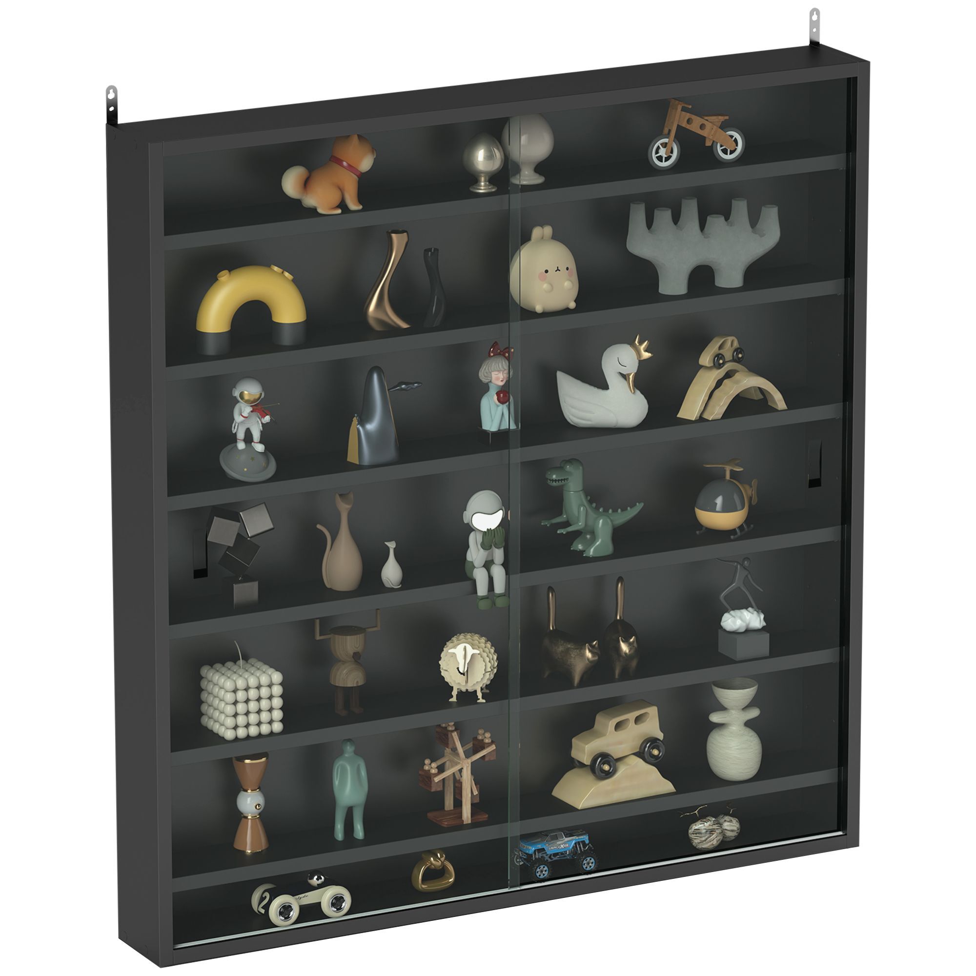 Homcom 7-tier Wall Display Shelf Unit Cabinet W/ 6 Adjustable Shelves Glass Doors Home Office Ornaments 83x80cm, Black