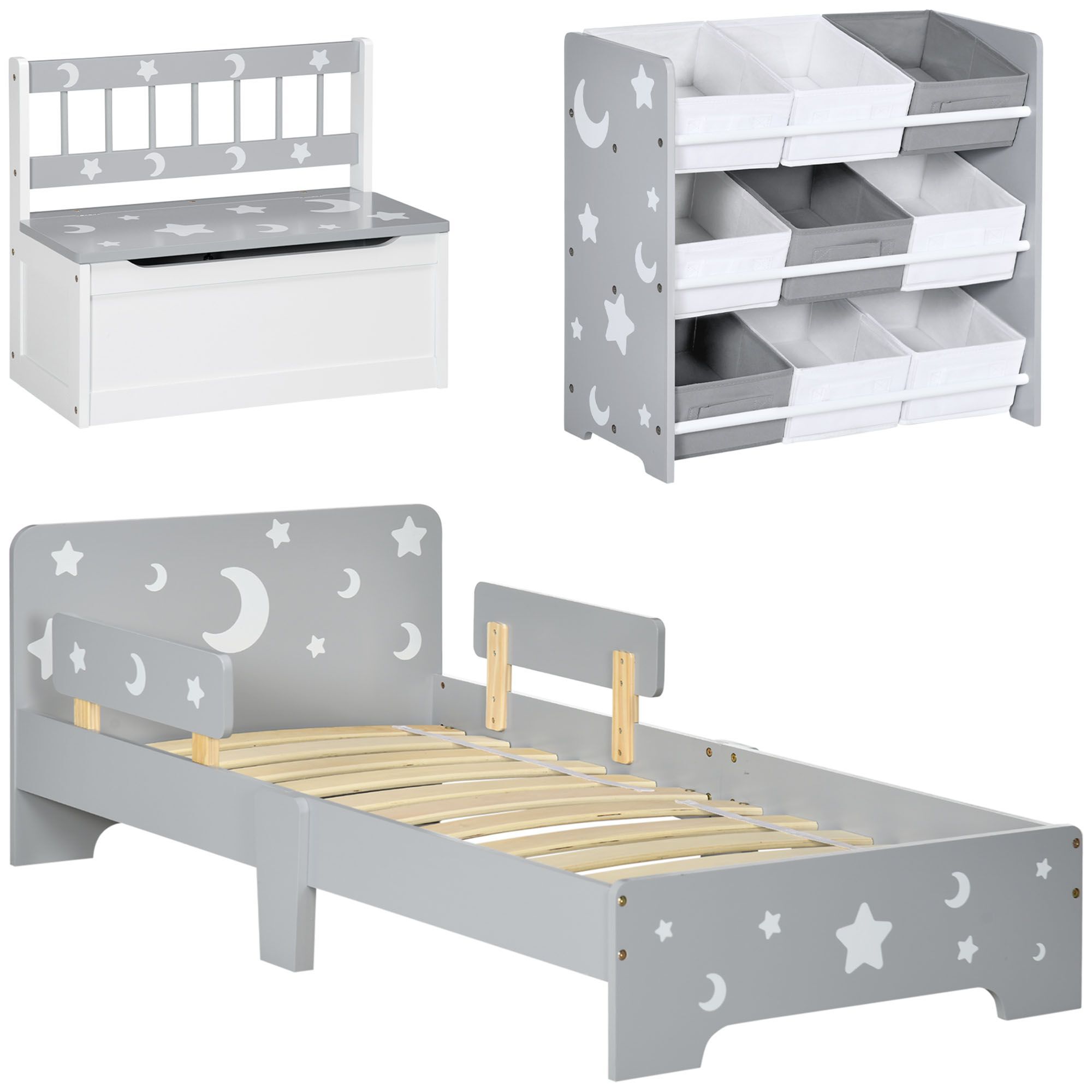Zonekiz 3pcs Kids Furniture Bedroom Set With Bed, Toy Box Bench, Storage Unit With Baskets, Star And Moon Patterns, For 3-6 Years Old Boys Girls, Grey