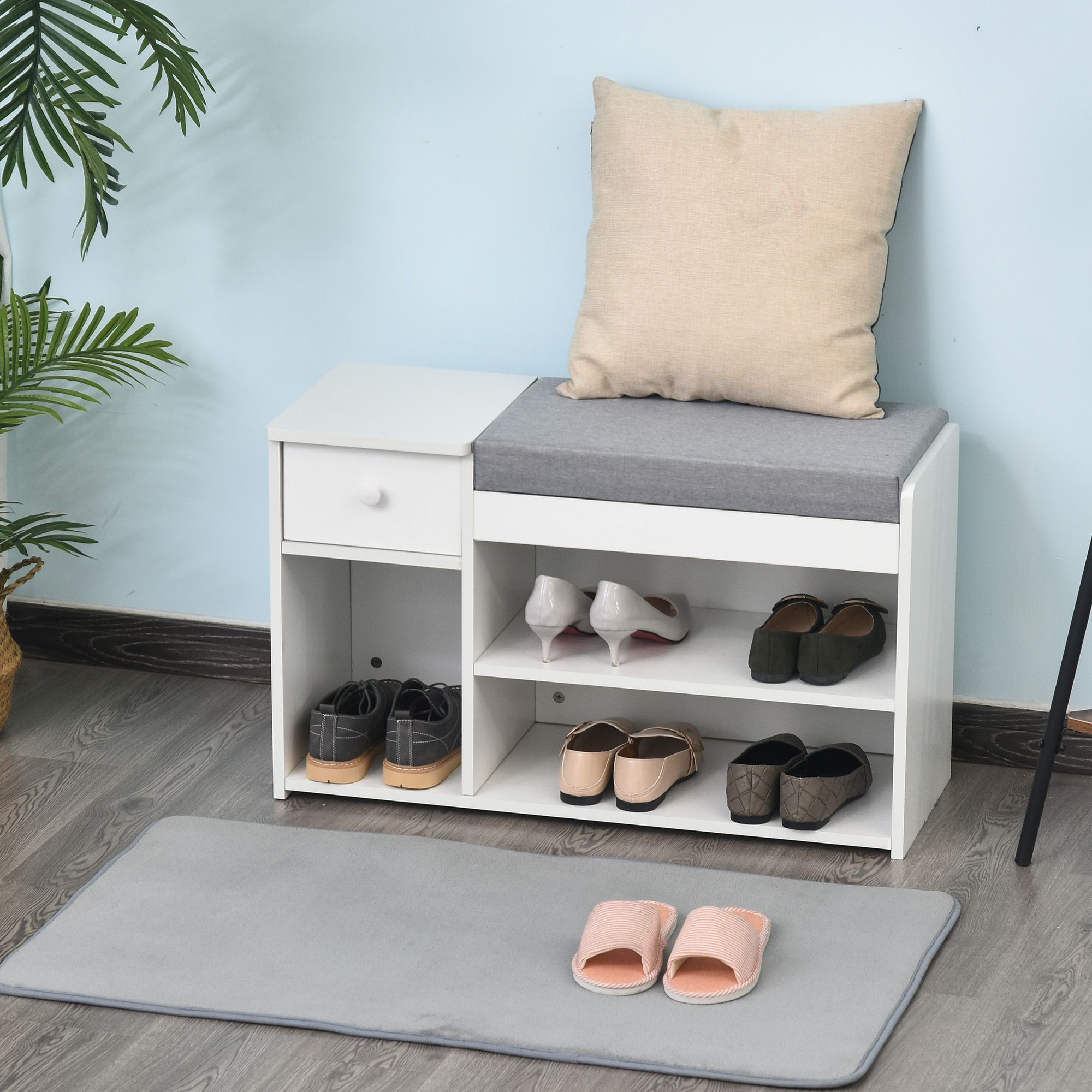 Homcom Multi-storage Shoe Bench W/ Drawer 3 Compartments Cushioned Home Organisation Furniture Tidy Boots Hallway Entryway White