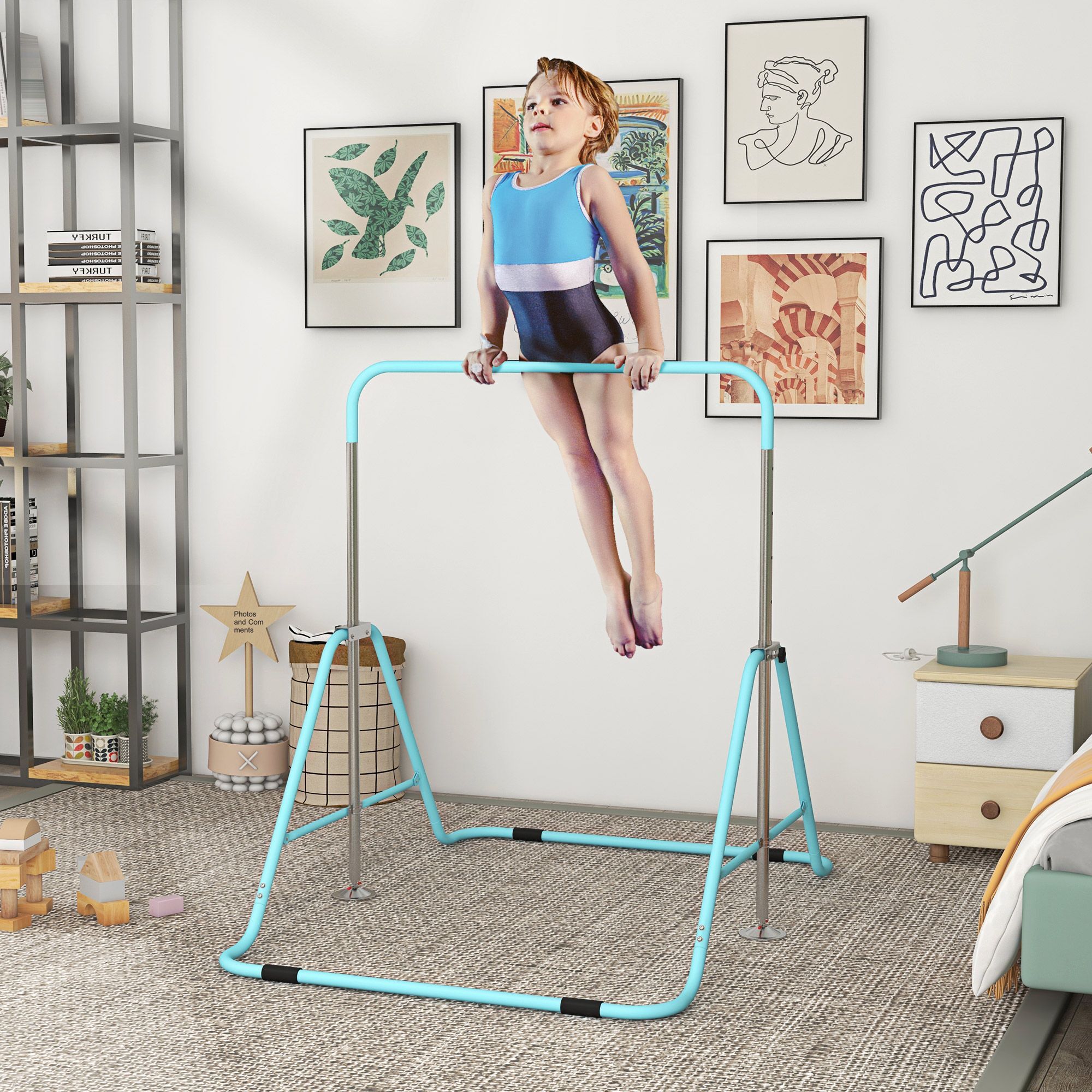 Homcom Kids Gymnastics Bar W/ Adjustable Height, Foldable Horizontal Bars, Green