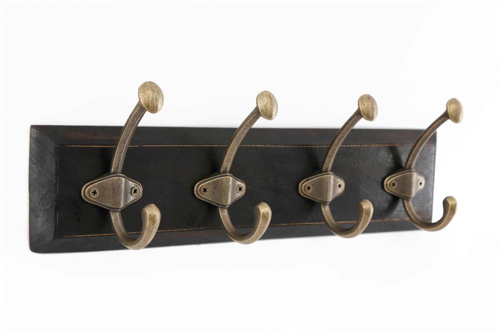 4 Double Ceramic Gold & Black Coat Hooks On Wooden Base