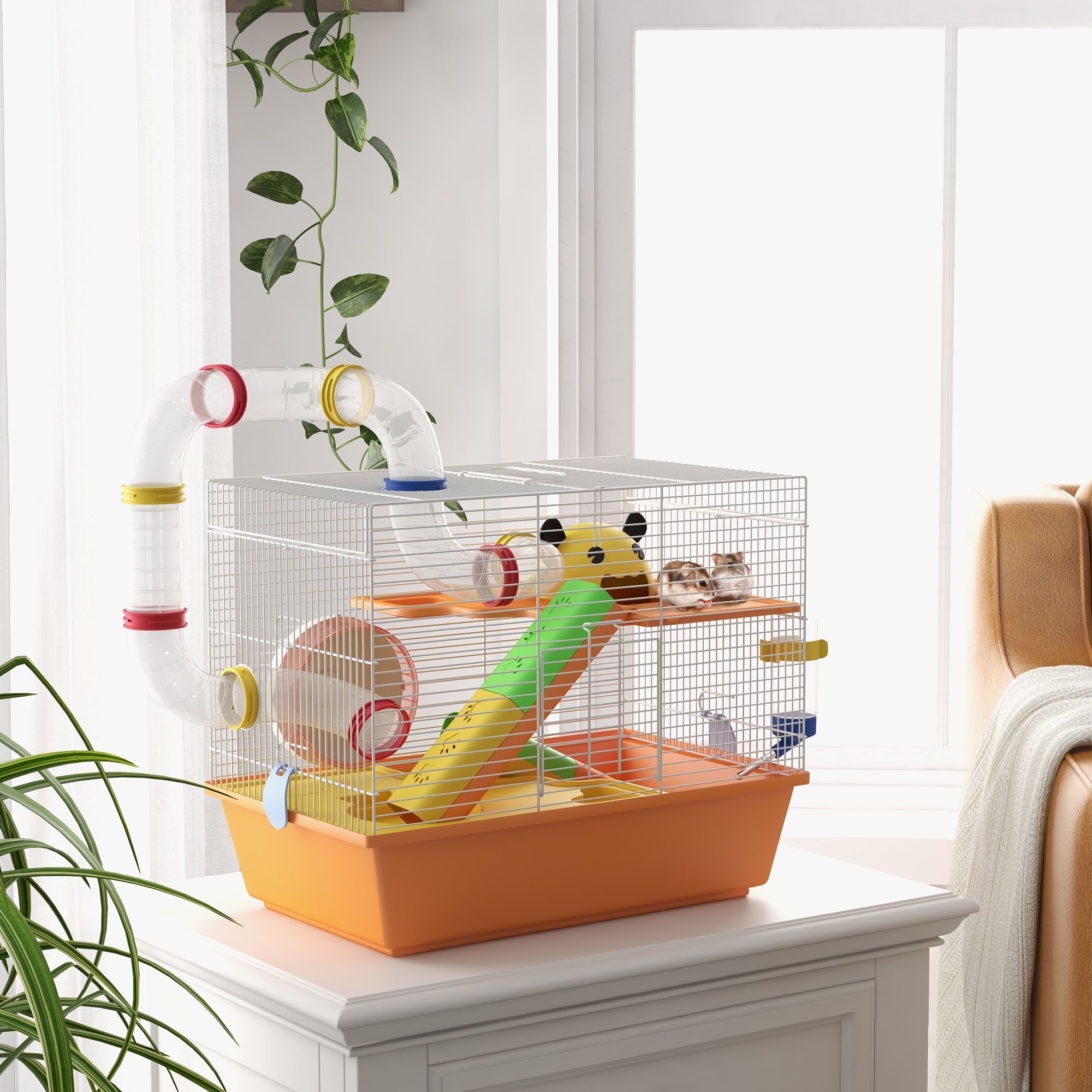 Pawhut 3 Tiers Gerbil Cage, Hamster Cage With Tubes, Exercise Wheel, Ladder, Top Handle, 45 X 28 X 37cm - Orange