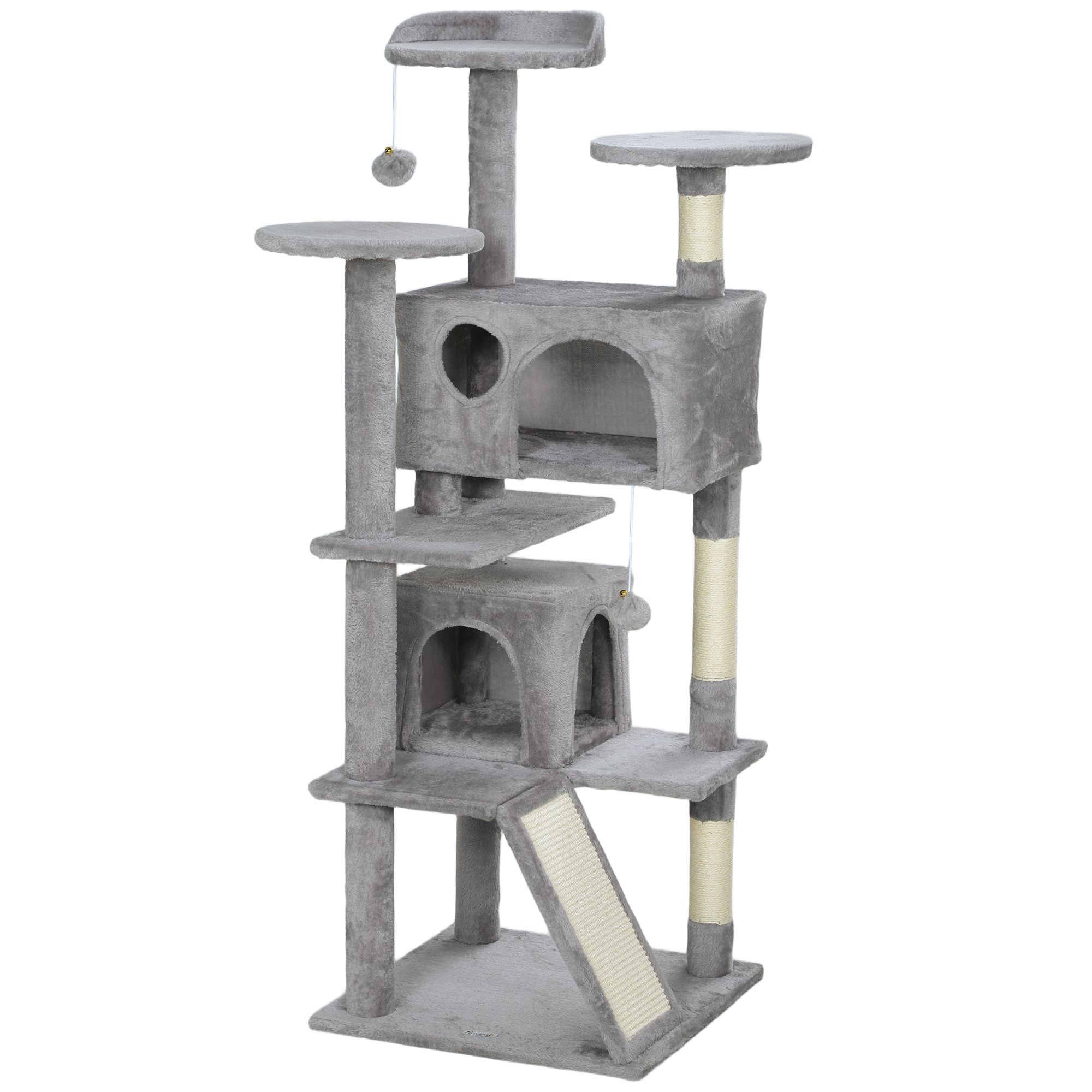 Pawhut 138cm Cat Tree, Multi-level Cat Tower With Scratching Posts And Pad, Bed, Condos, Platforms, Toy Balls, Light Grey