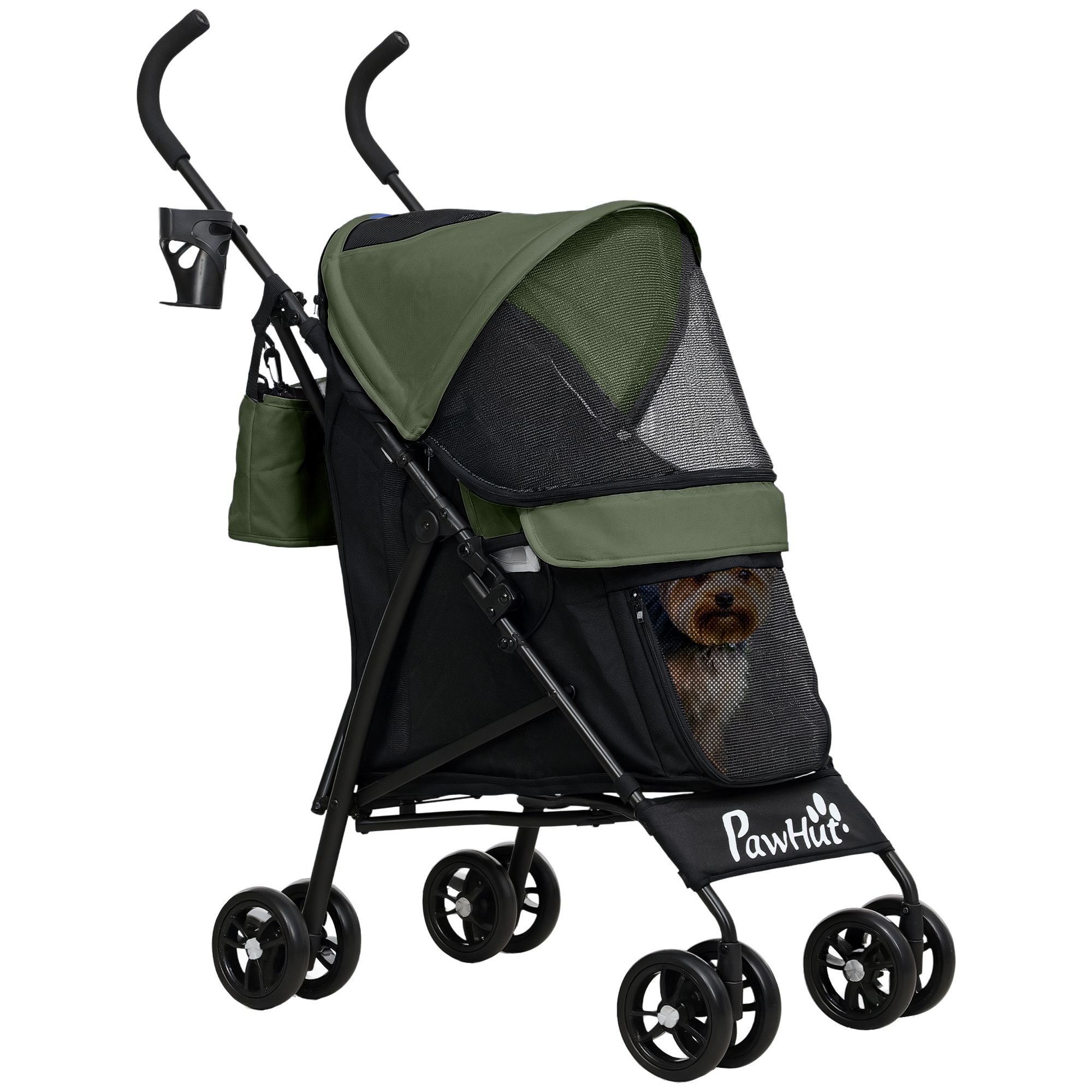 Pawhut Umbrella Structure Dog Stroller, Lightweight & Portable Dog Pram W/ Shoulder Strap, Storage Bag & Cup Holder, Dark Green