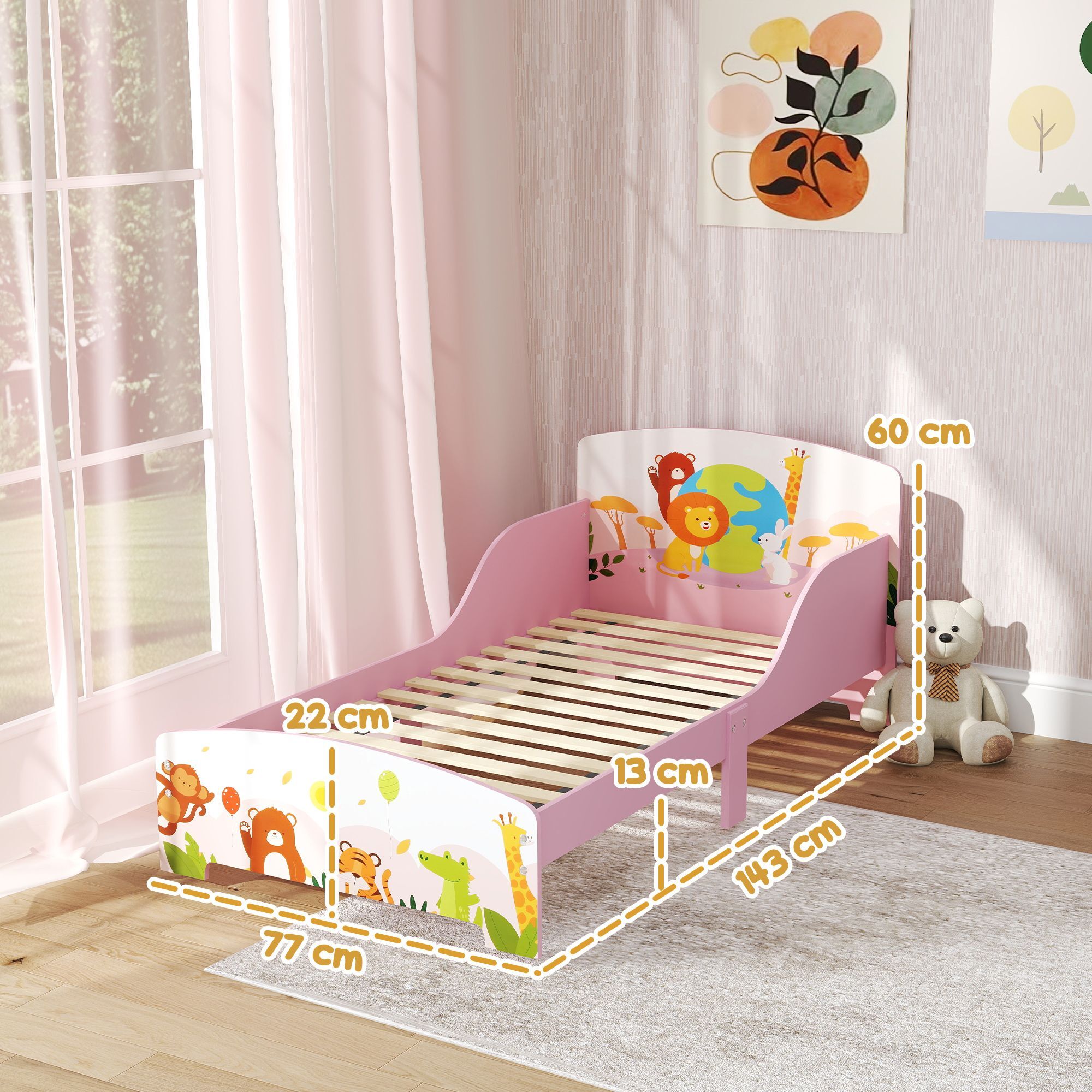 Aiyaplay Cute Animal-themed Toddler Bed W/ Safety Rails, 143 X 77 X 60cm