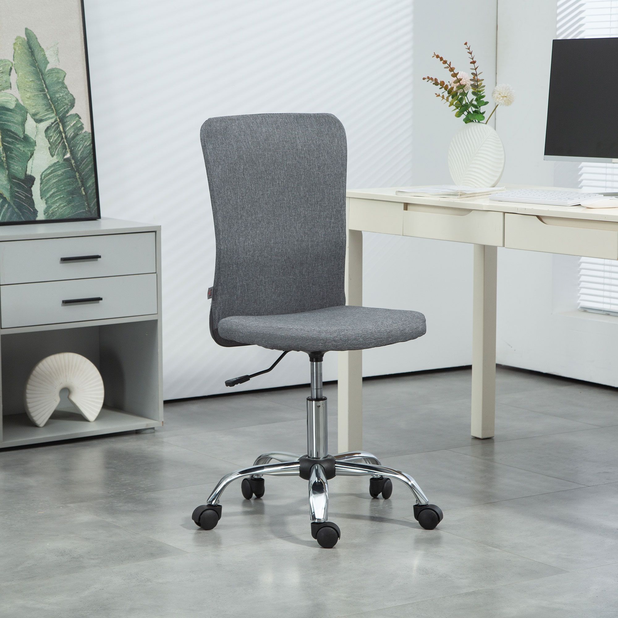 Homcom Armless Computer Desk Chair, Fabric Swivel Office Chair, Makeup Vanity Chair With Height Adjustable, Wheels, For Home Study Bedroom, Grey