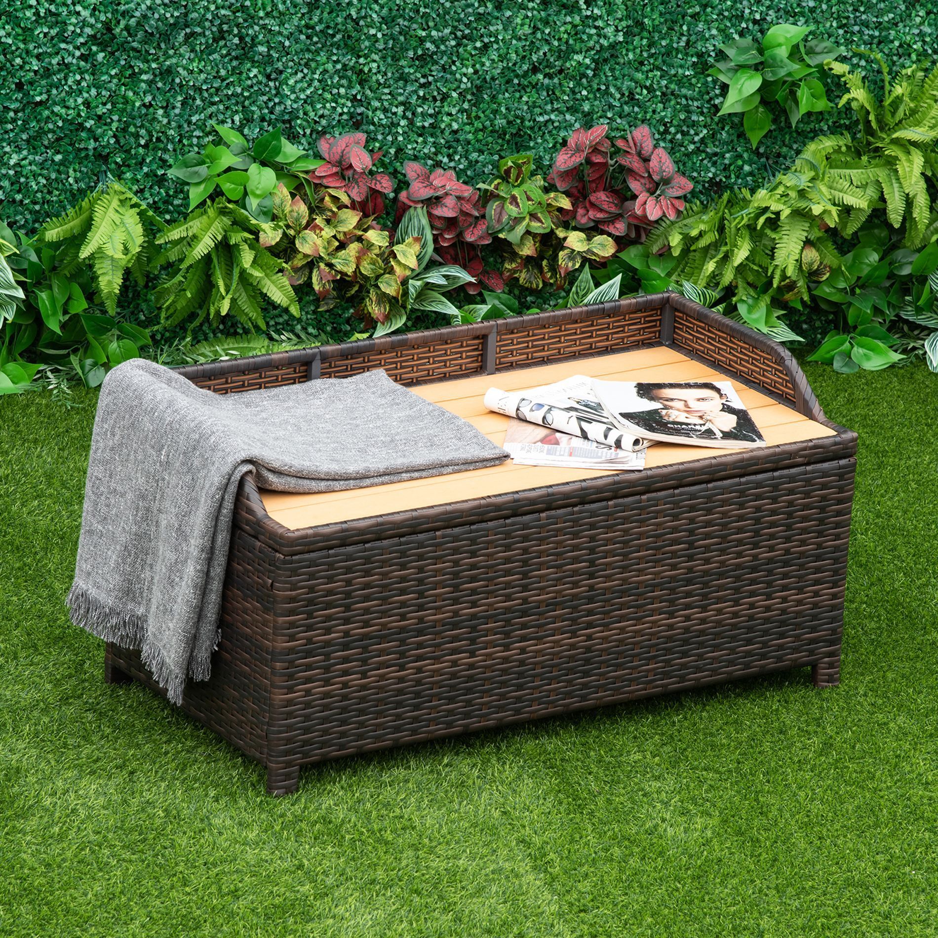 Outsunny Patio Pe Rattan Wicker Storage Basket Box Bench Seat Furniture W/ Cushion Brown