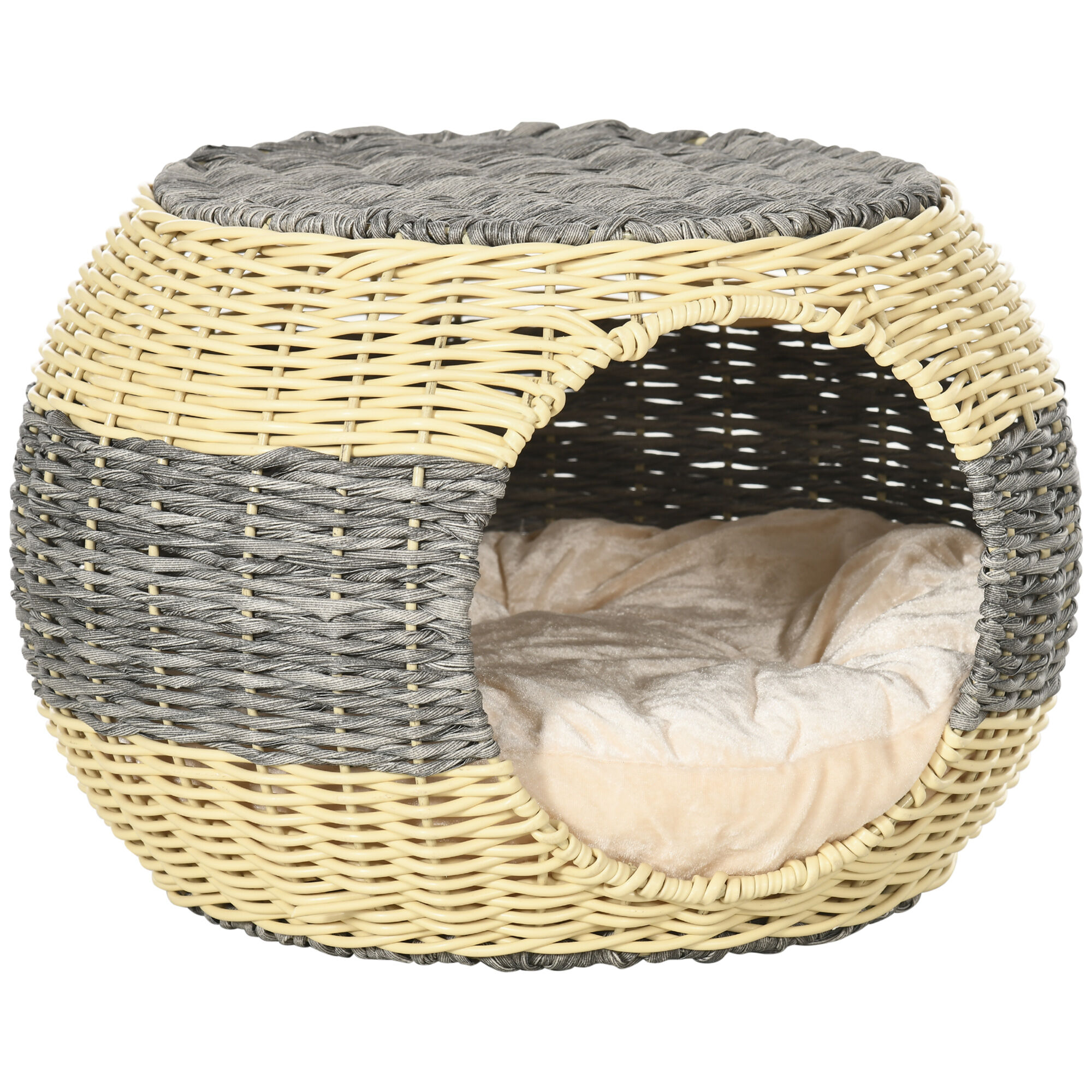 PawHut Wicker Dog House, Rattan Pet Bed, Cat House, End Table Furniture,  with Soft Cushion, Adjustable Feet, for X-Small Dogs