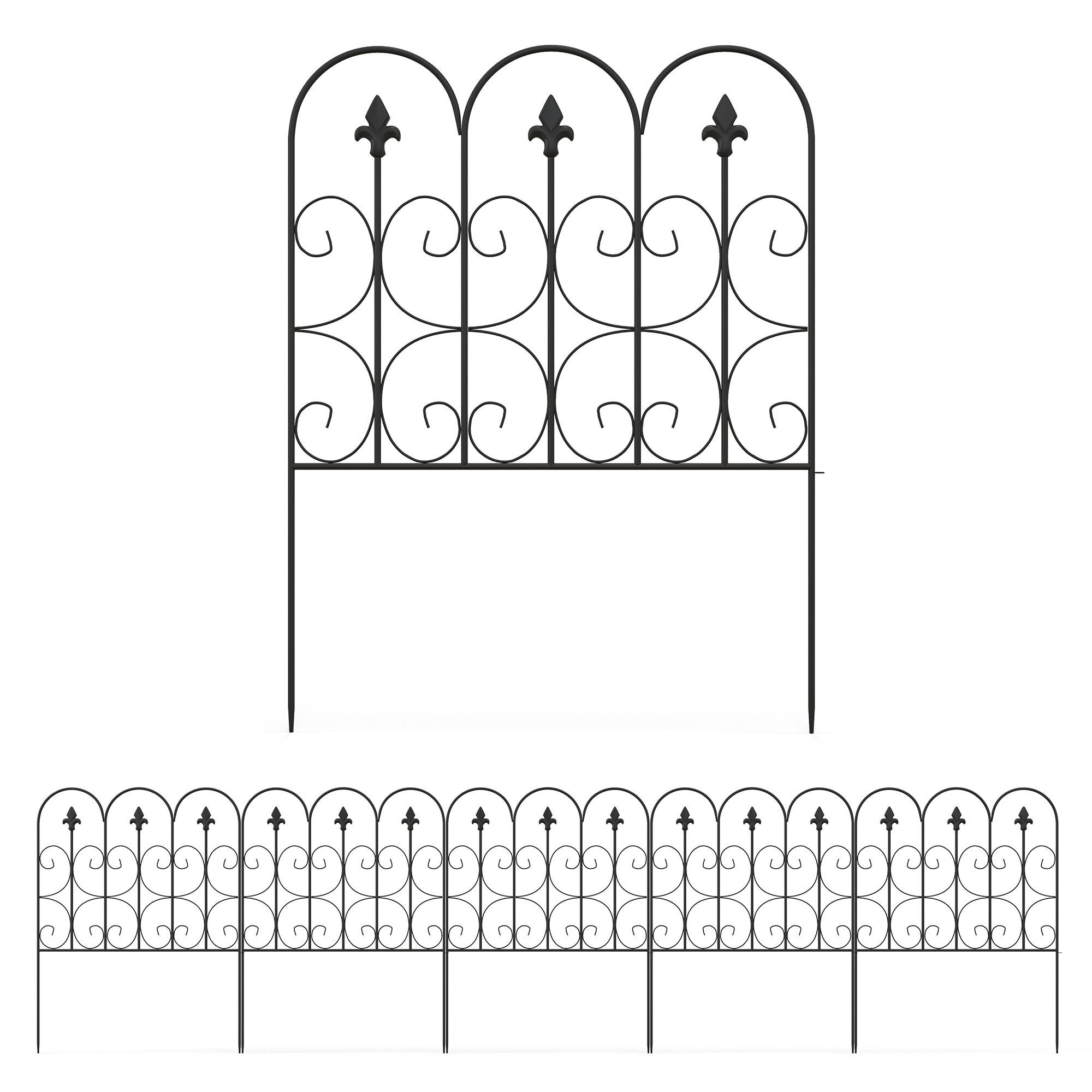 Outsunny Decorative Garden Fencing, 5pcs Outdoor Picket Fence Panels, Rustproof Metal Wire Landscape Flower Bed Border Edging Animal Barrier, Black