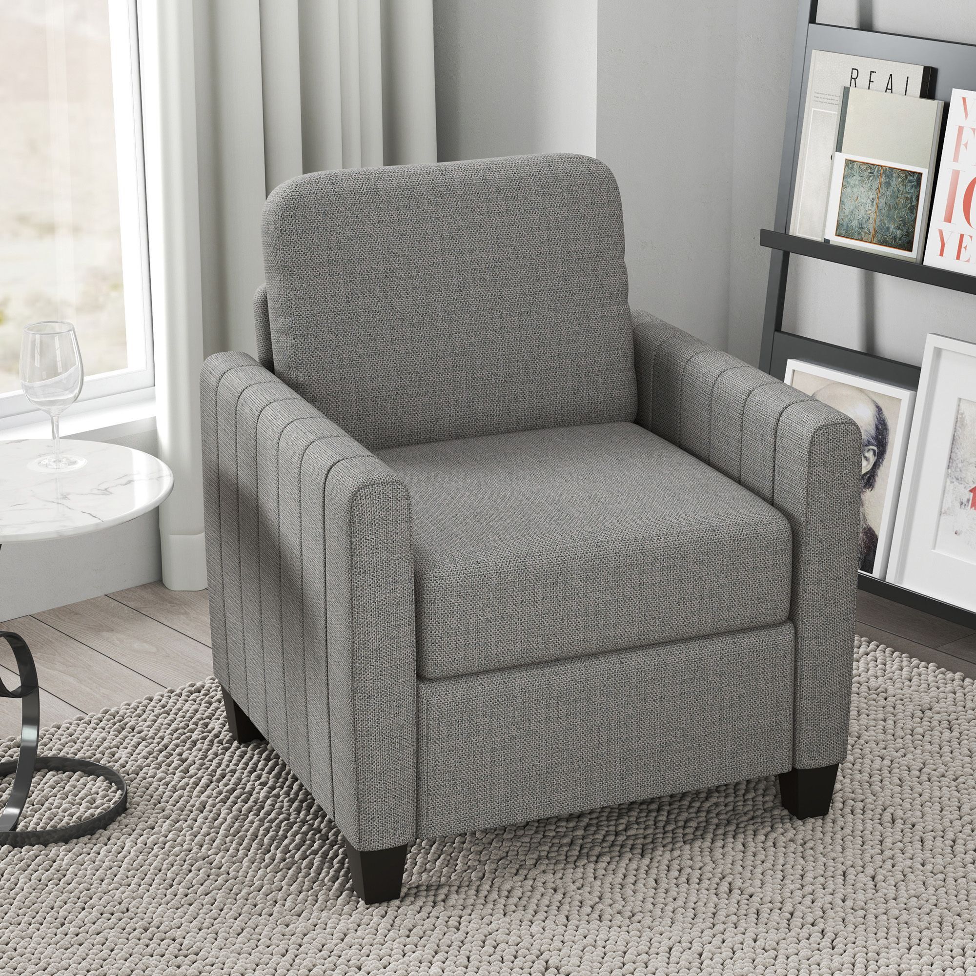 Homcom Armchair, Channel Tufted Modern Fabric Accent Chair, Comfy Upholstered Reading Lounge With Spring Cushion, Back Pillow, For Living Room, Bedroom, Office, Light Grey