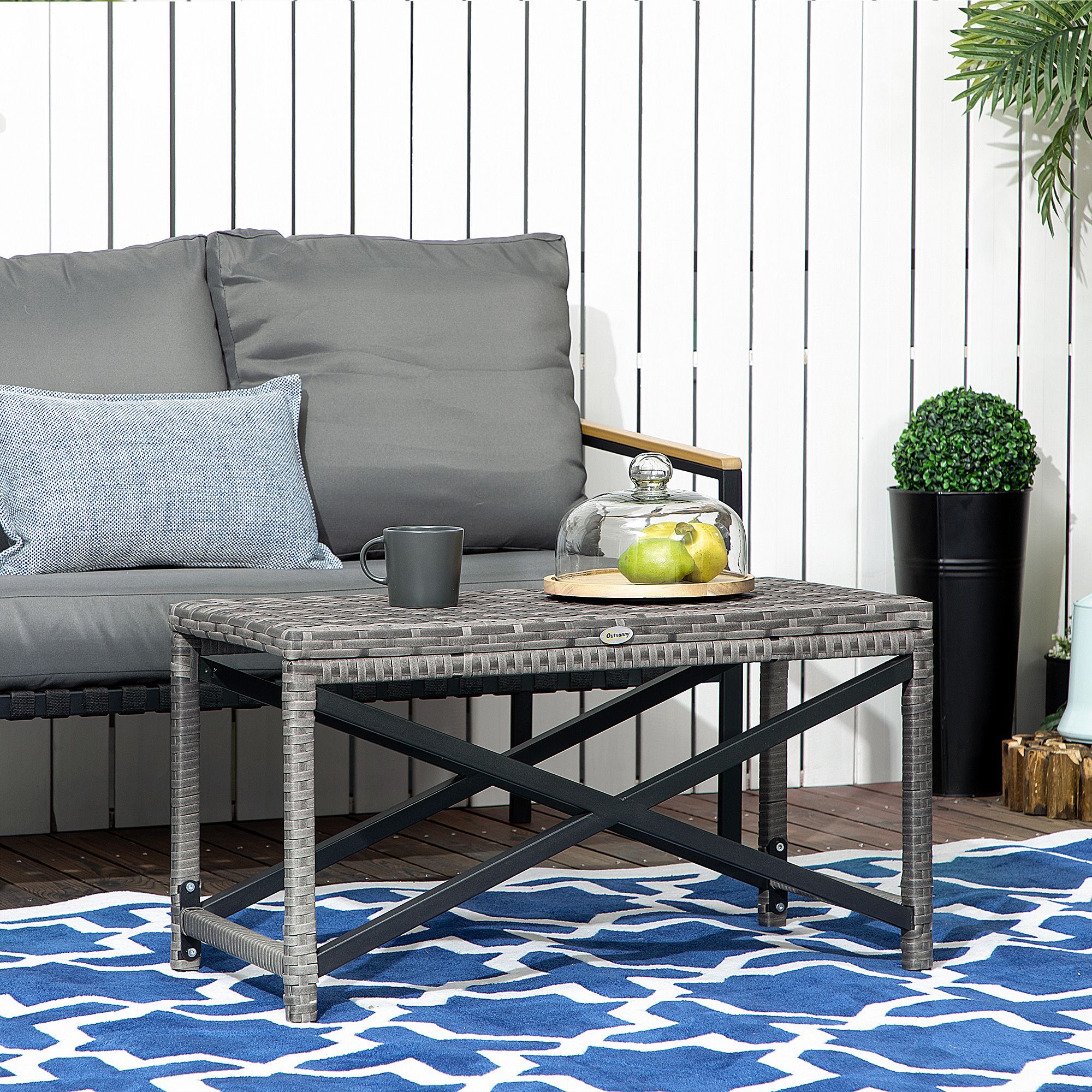Outsunny Pe Wicker Outdoor Coffee Table, Patio Rattan Side Table, With Plastic Board Under The Full Woven Table Top, Garden Mixed Grey