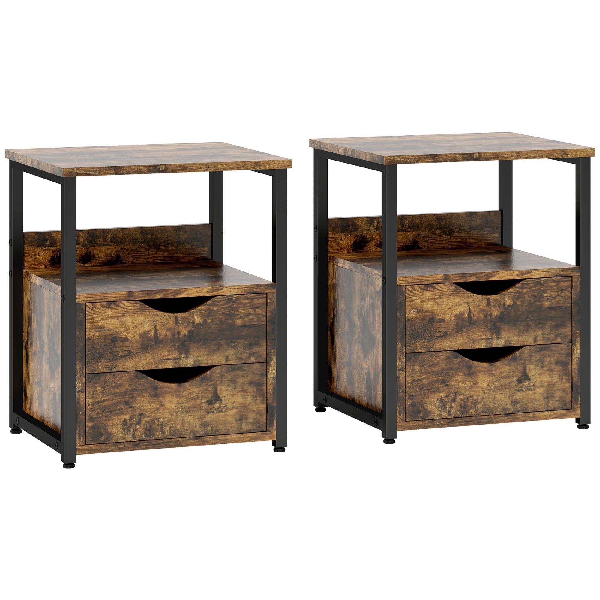 Homcom Industrial Side Table Set Of 2, Sofa Table With Drawer, Bedside Cabinet With Storage Shelf, Slim Nightstand For Living Room, Bedroom, Rustic Brown